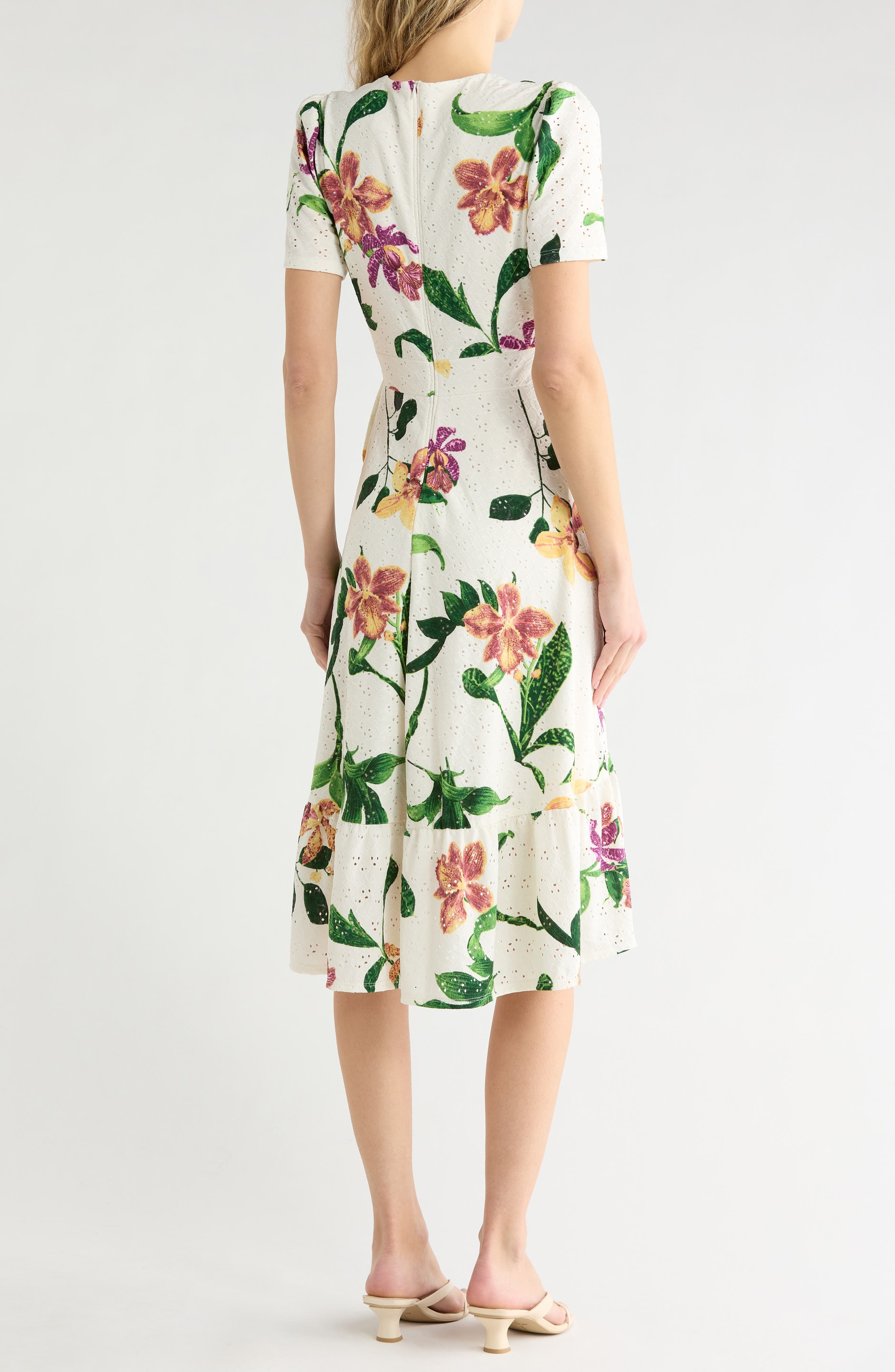 Floral Eyelet Short Sleeve Faux Wrap Dress - image 4