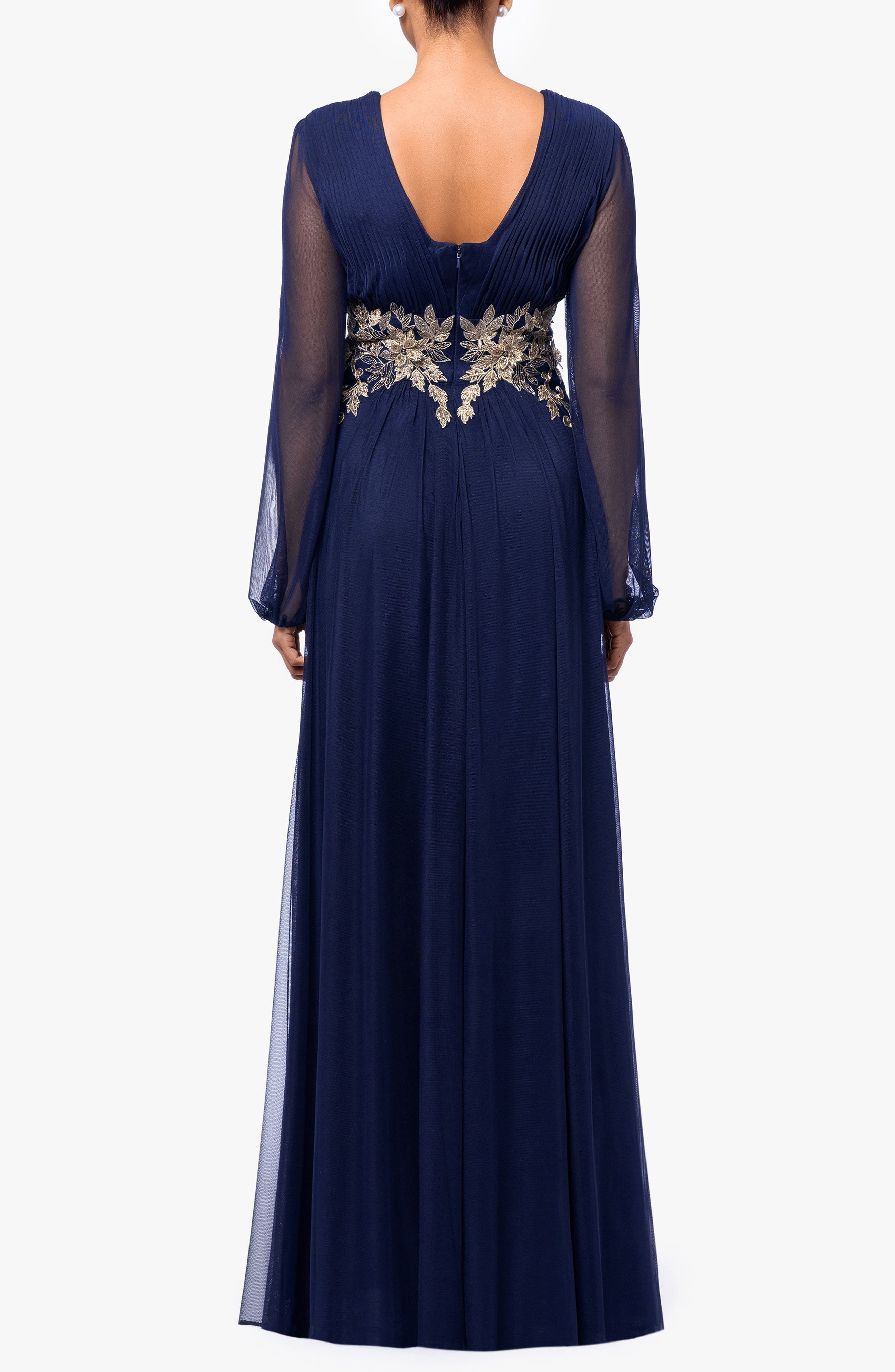 Metallic Floral Applique Long Sleeve Gown - image 2