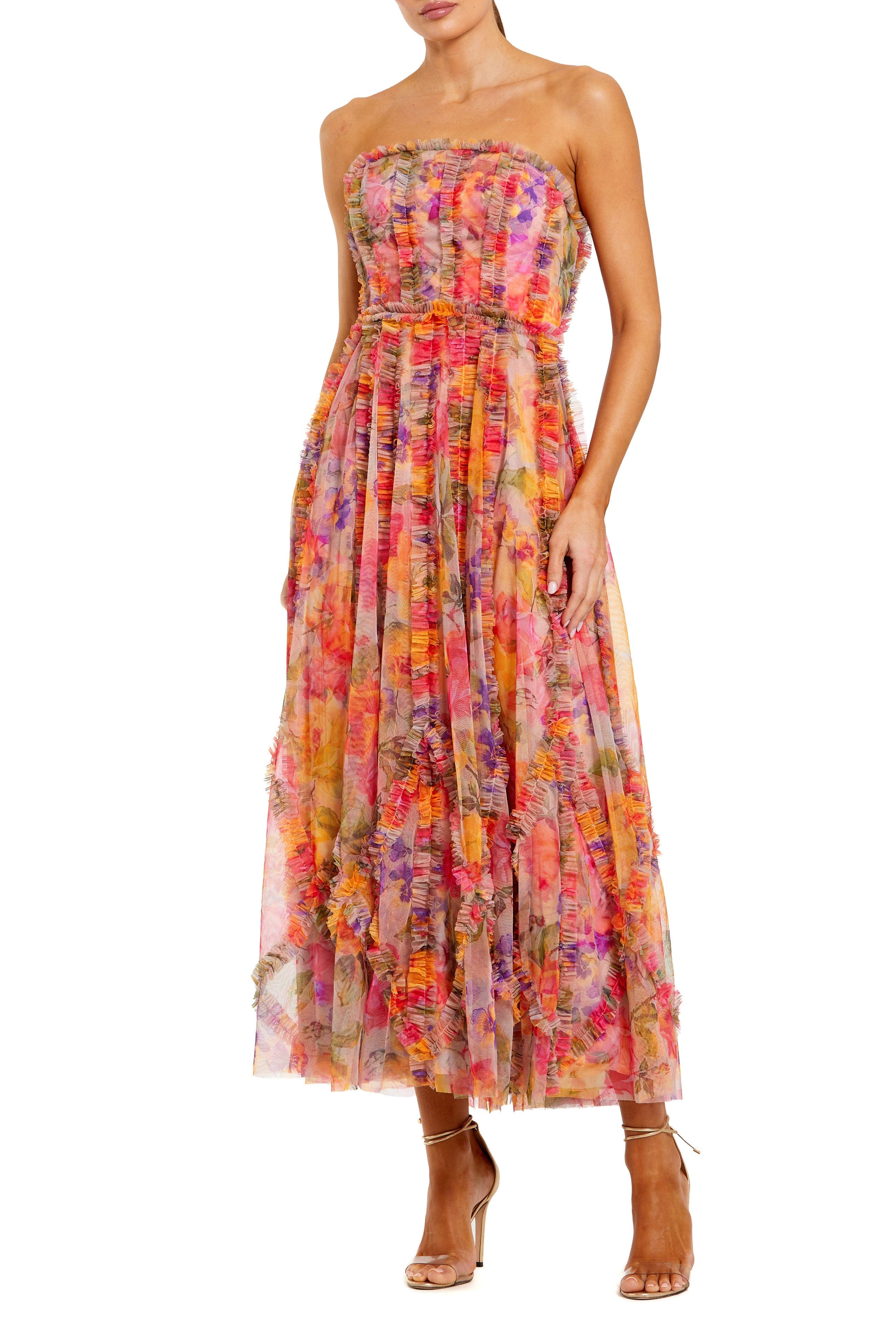 Ankle Length Strapless Floral Ruffle Dress - image 5