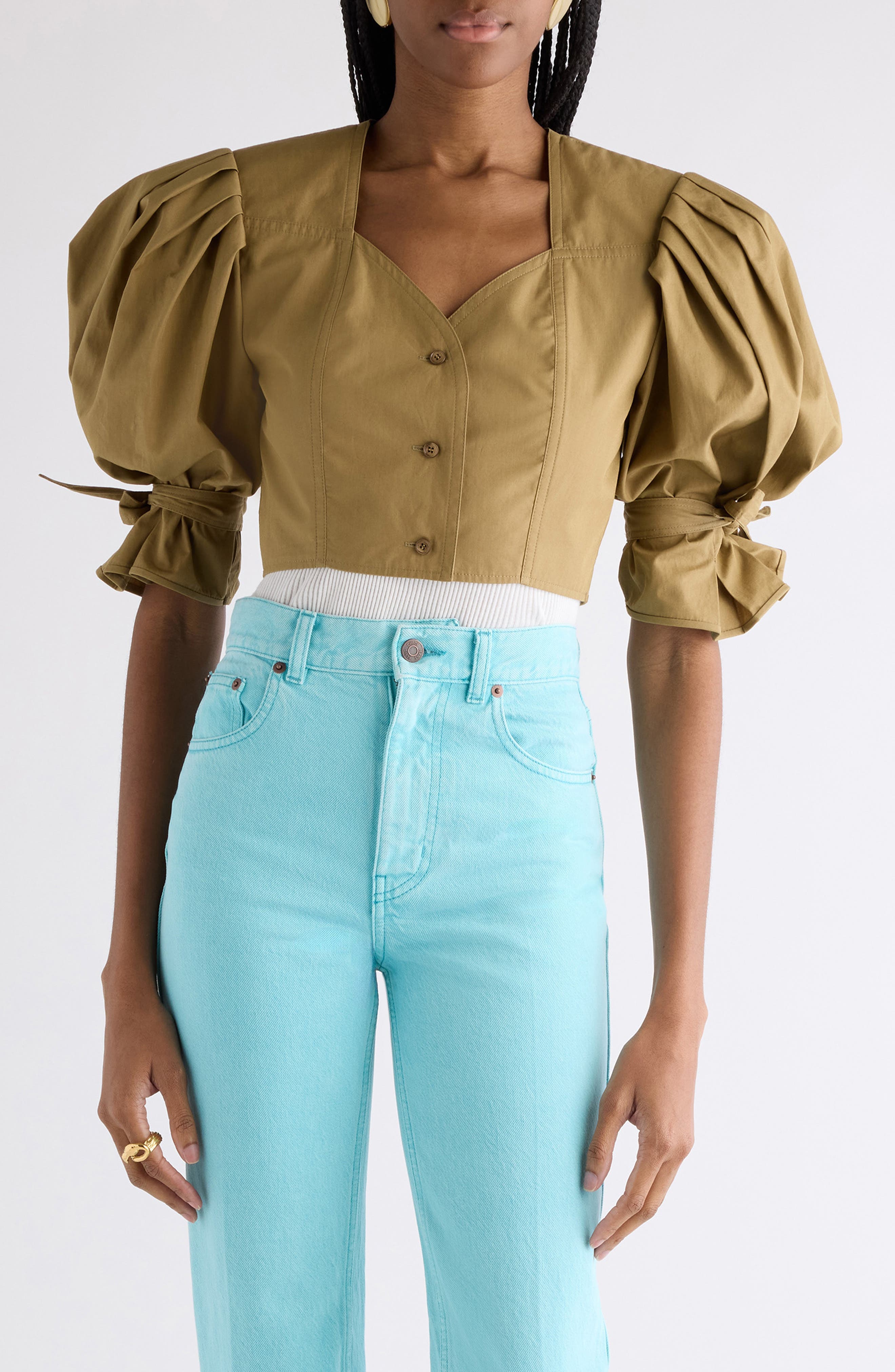 Puff Sleeve Cotton Poplin Crop Top - image 1
