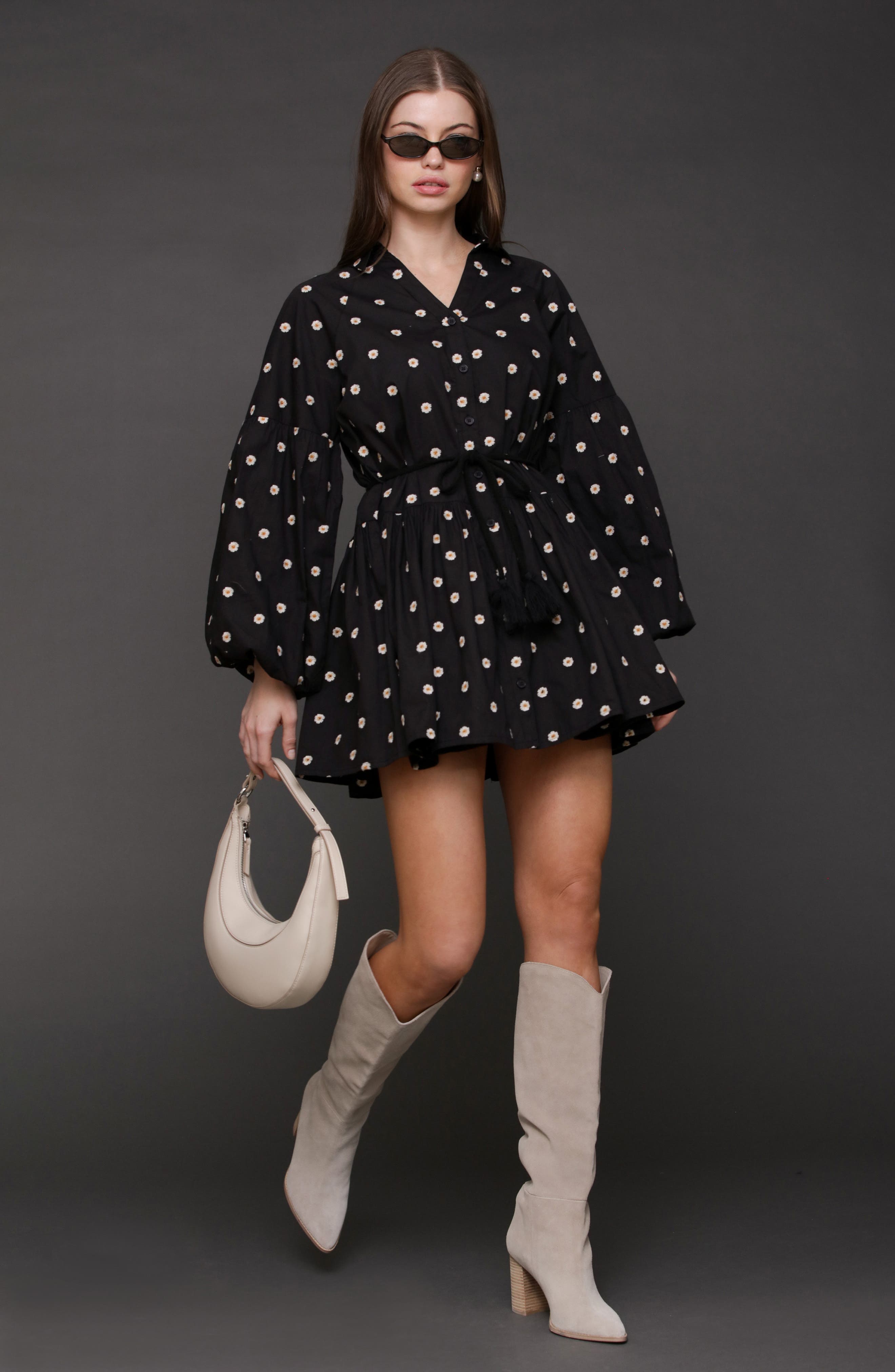 Embroidered Long Sleeve Babydoll Mini Shirtdress - image 2