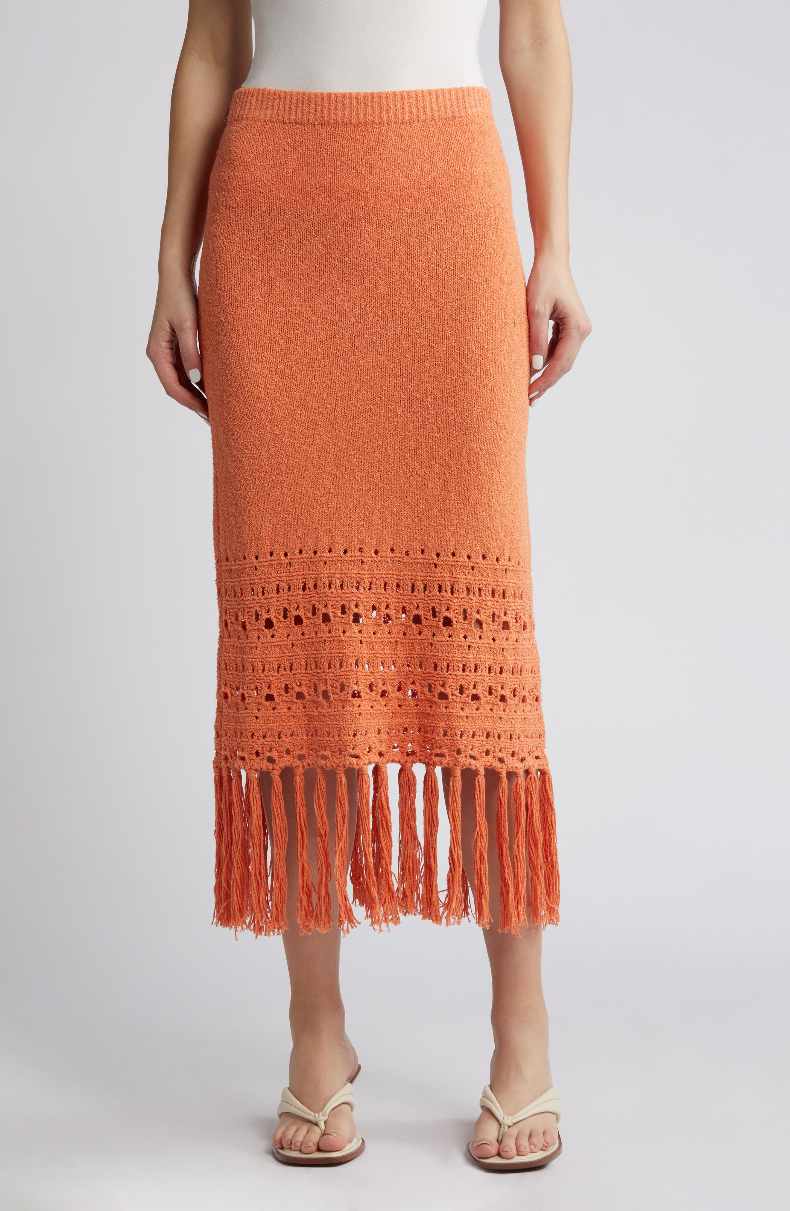 Kaja Open Stitch Fringe Cotton Blend Sweater Skirt - image 1