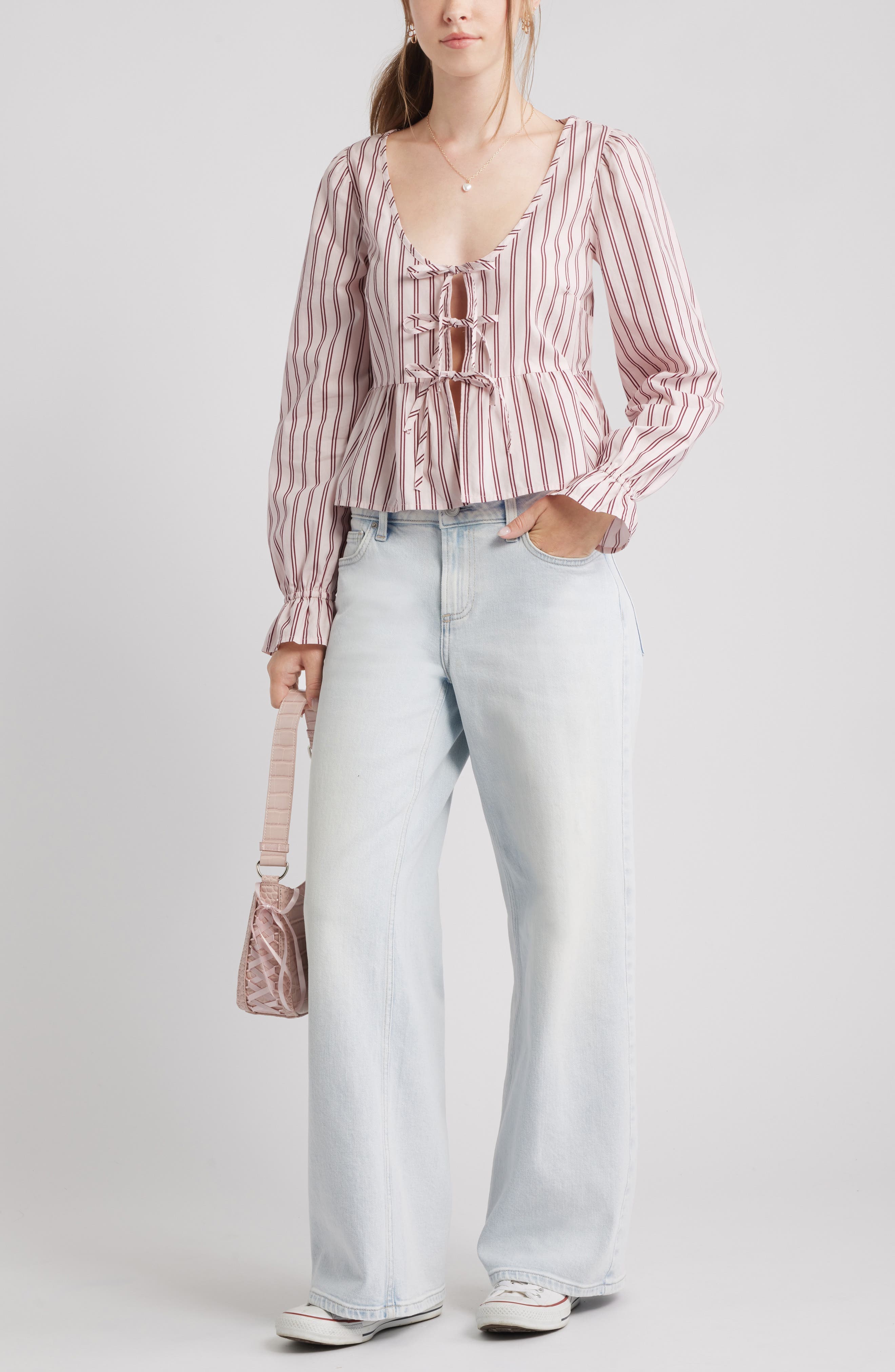 Tie Front Scoop Neck Cotton Poplin Peplum Top - image 2