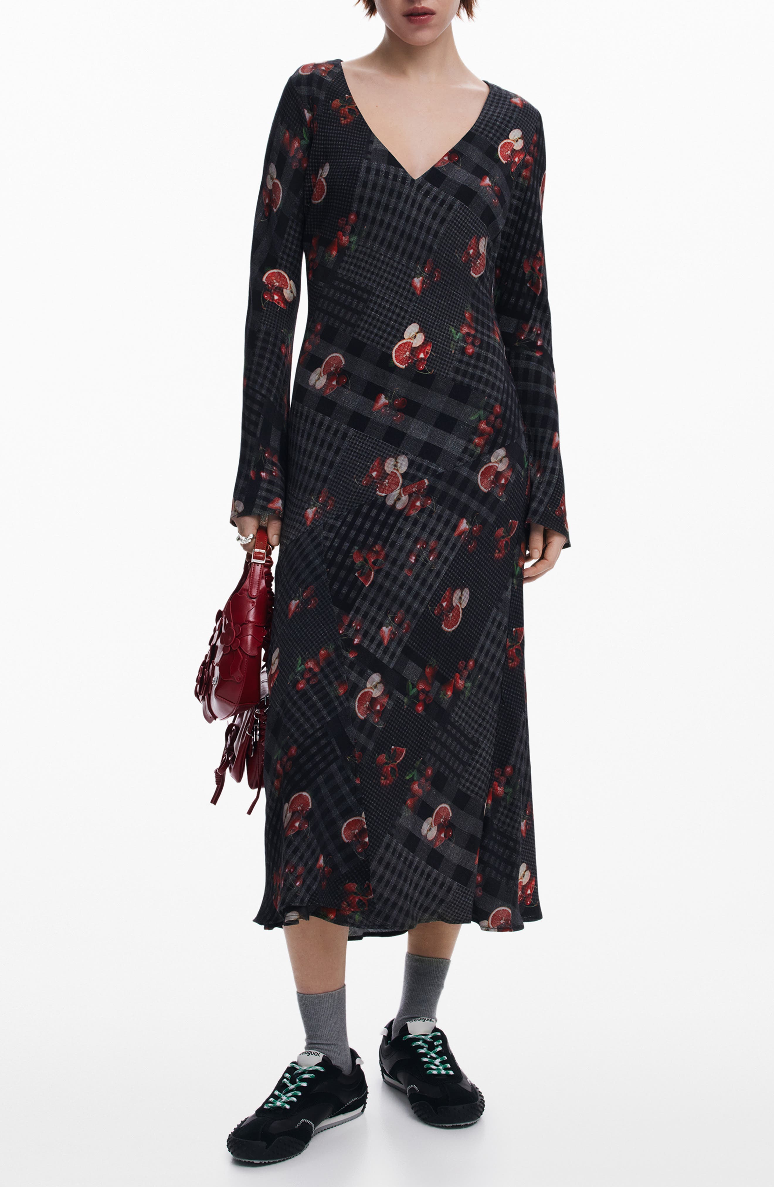 Mixed Print Long Sleeve Midi Dress - image 1