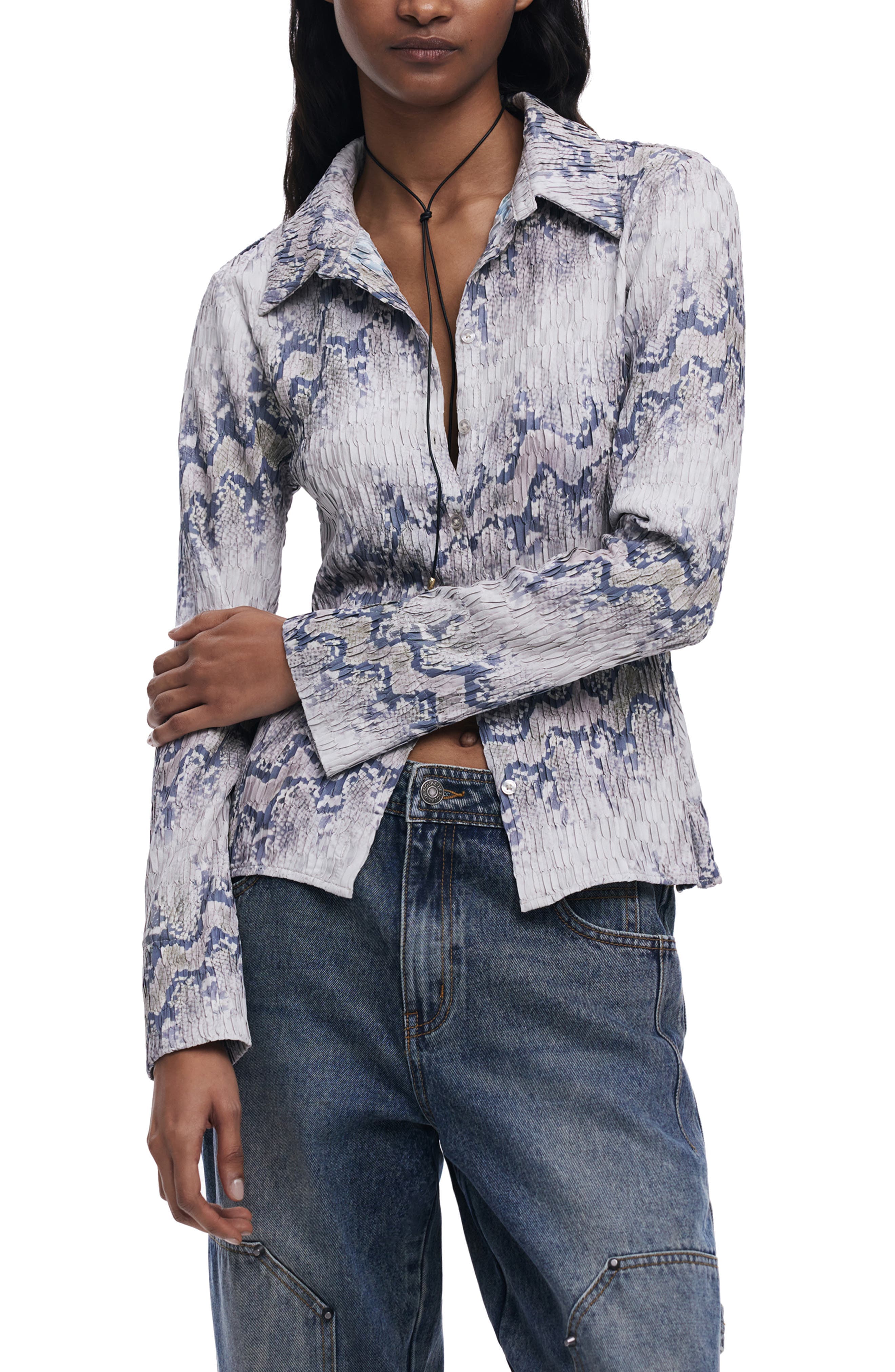 Textured Snakeskin Print Button-Up Shirt - image 1