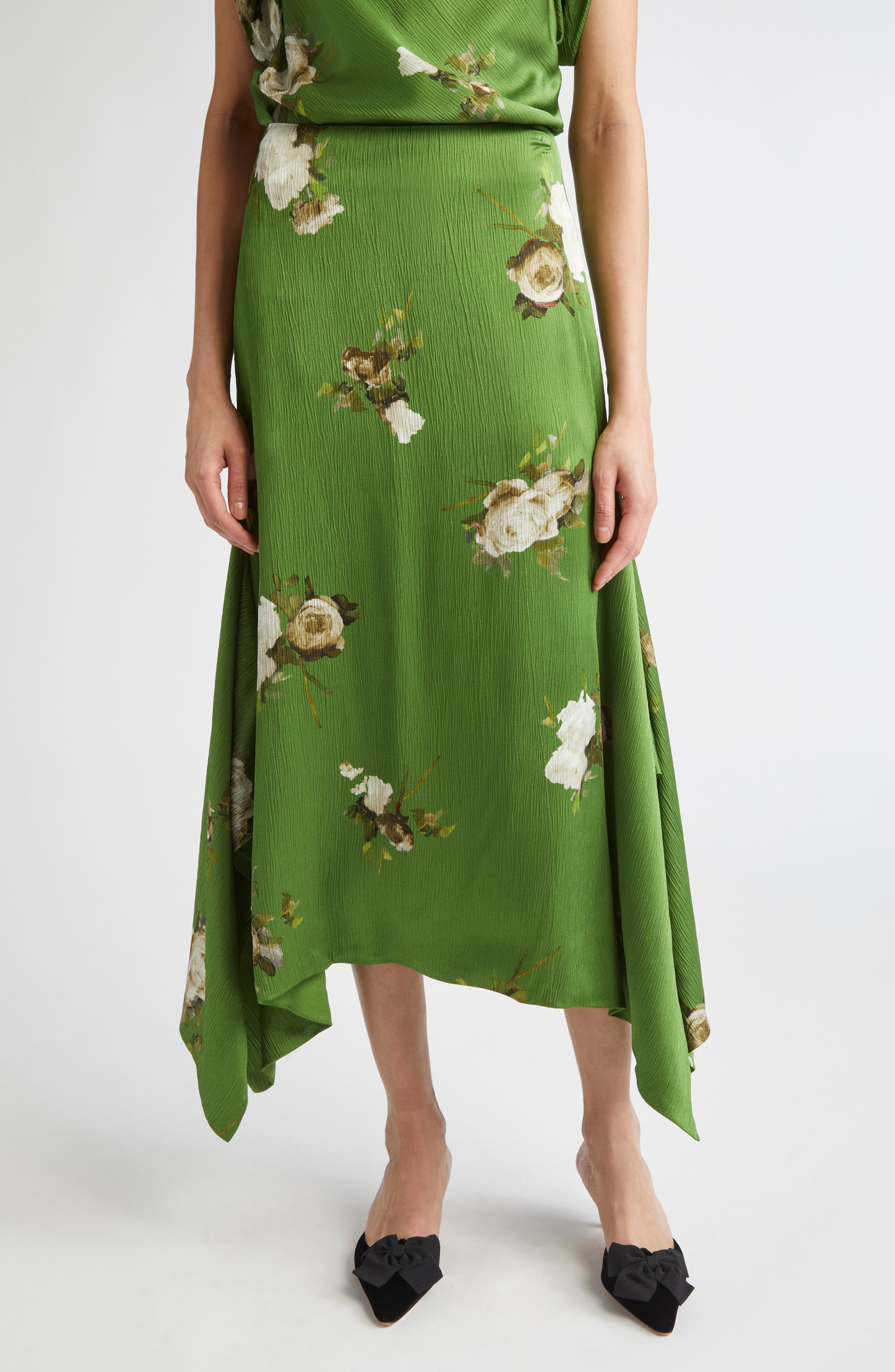 Rose Print Crinkled Satin Midi Skirt - image 1