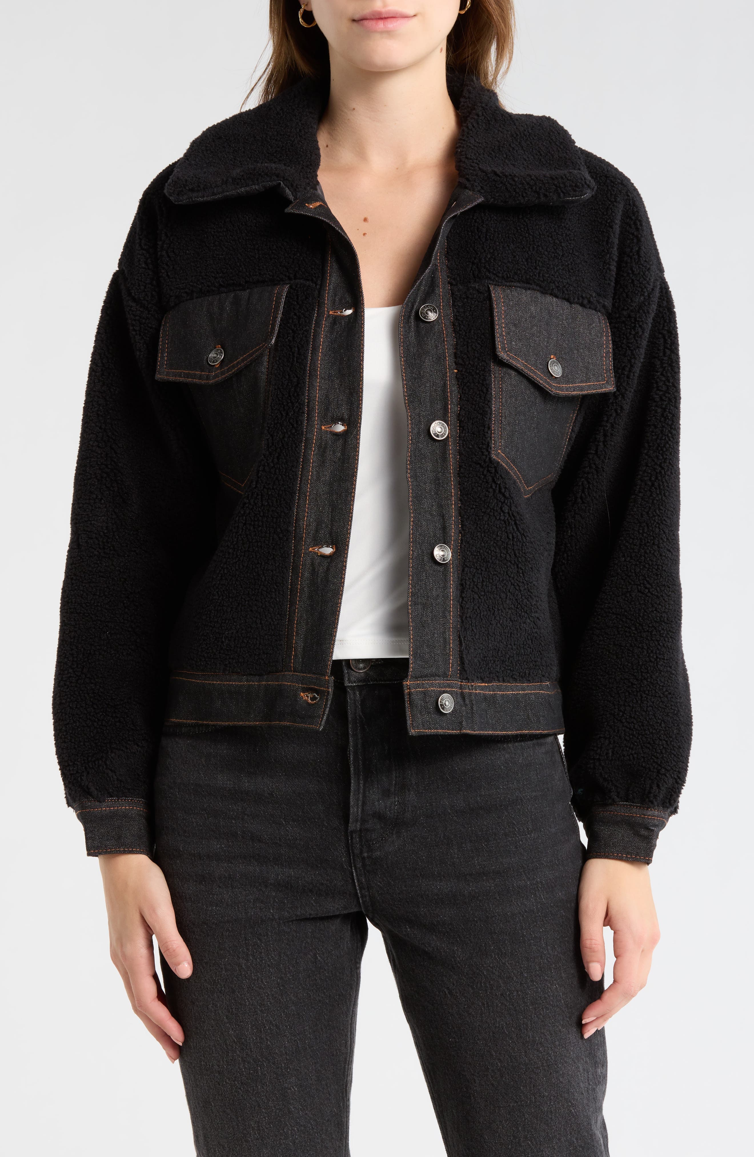 Denim Trim Faux Shearling Shacket - image 1
