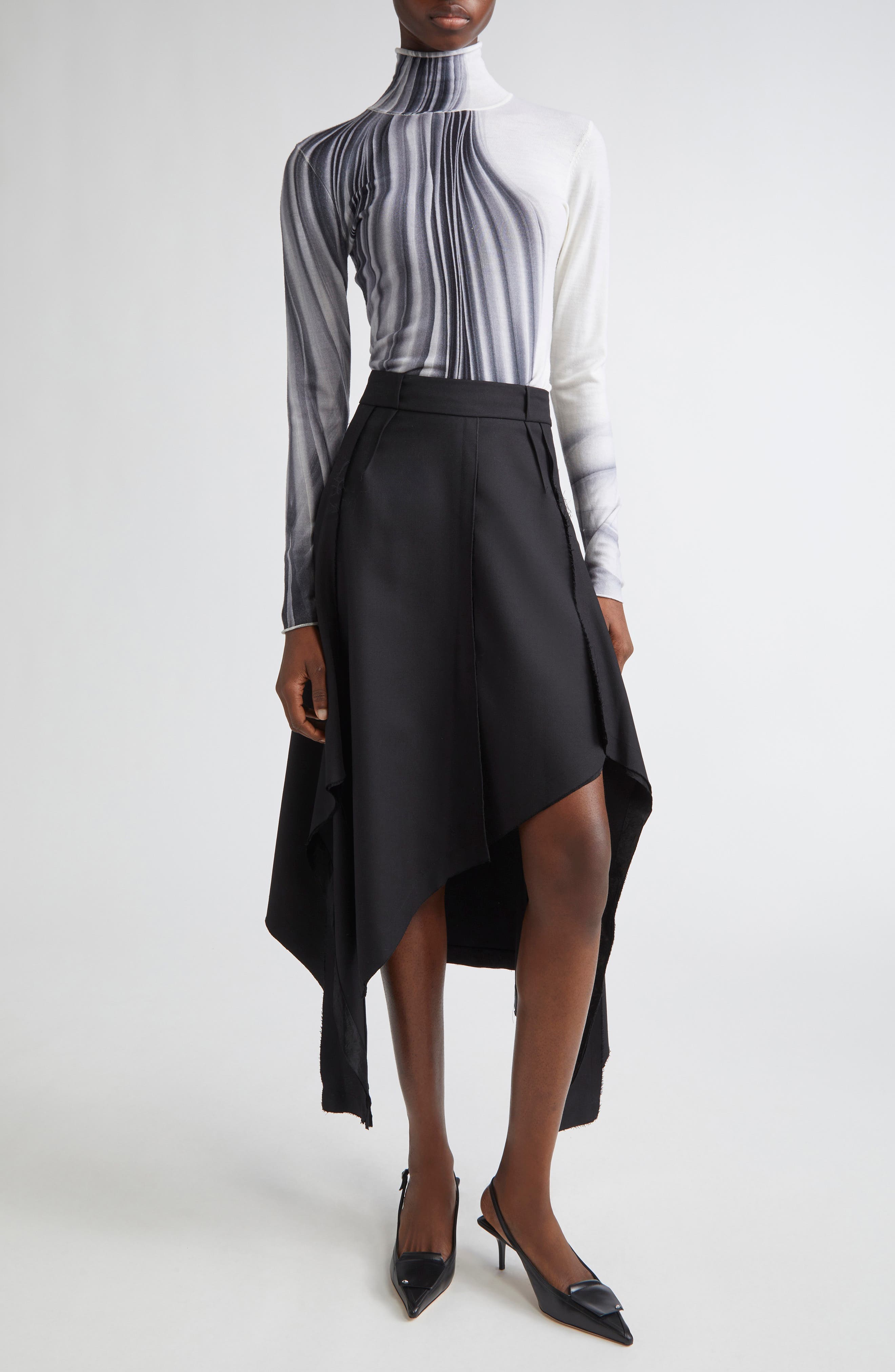 Inverted Seam Suiting Wool Asymmetric Midi Skirt - image 2