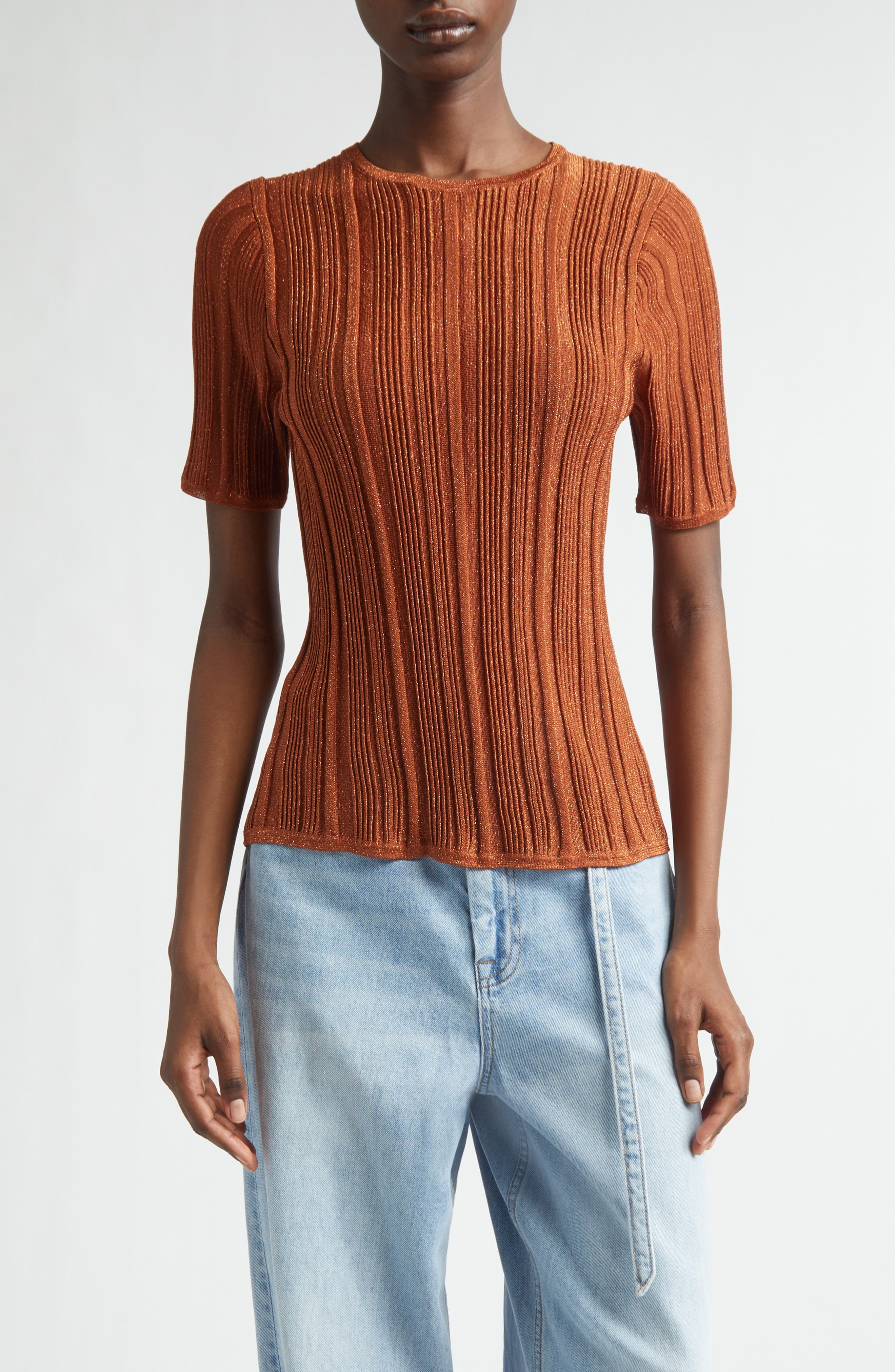 Indra Short Sleeve Shimmer Rib Sweater - image 1