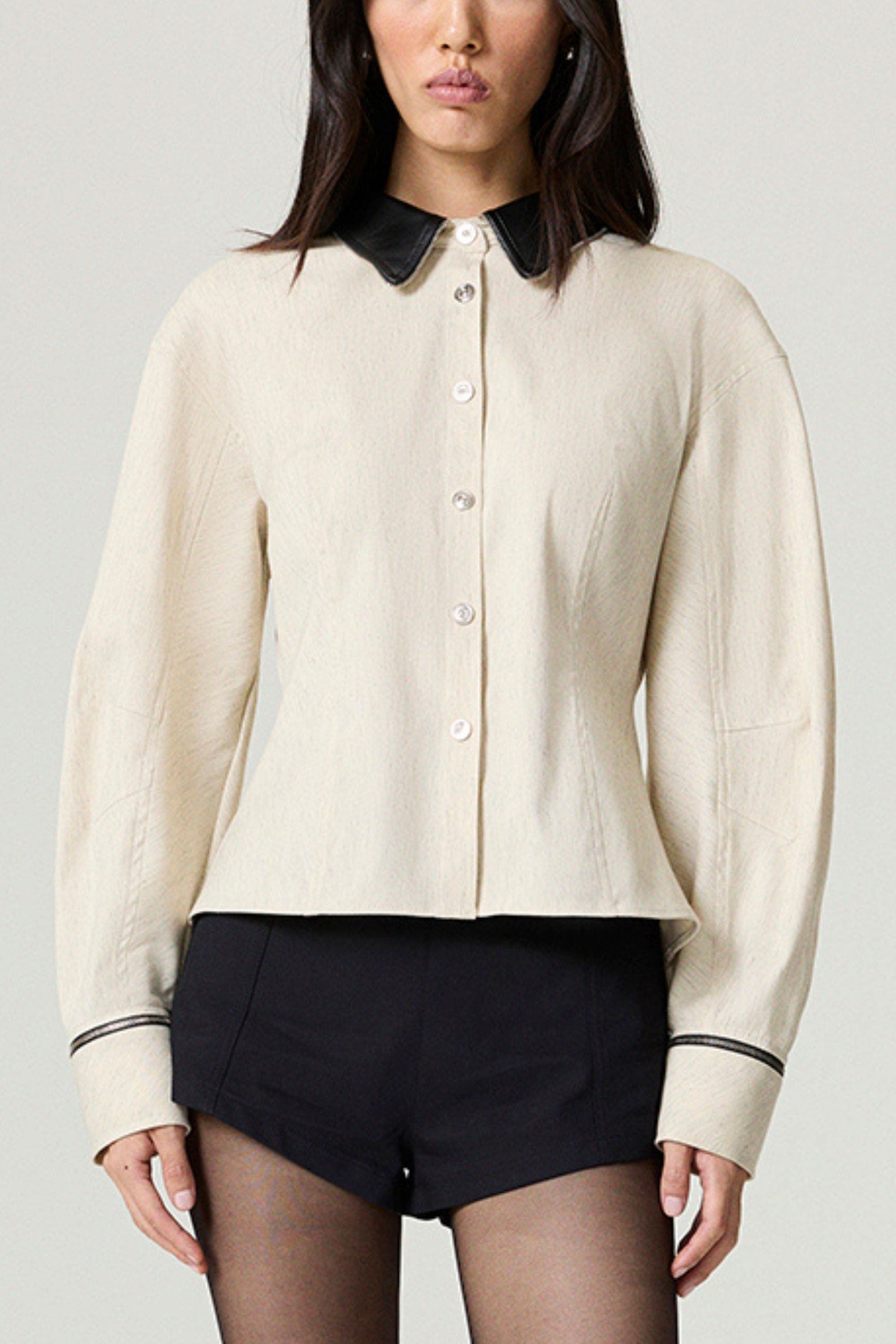 Contrast Collar Balloon-Sleeve Shirt - image 1