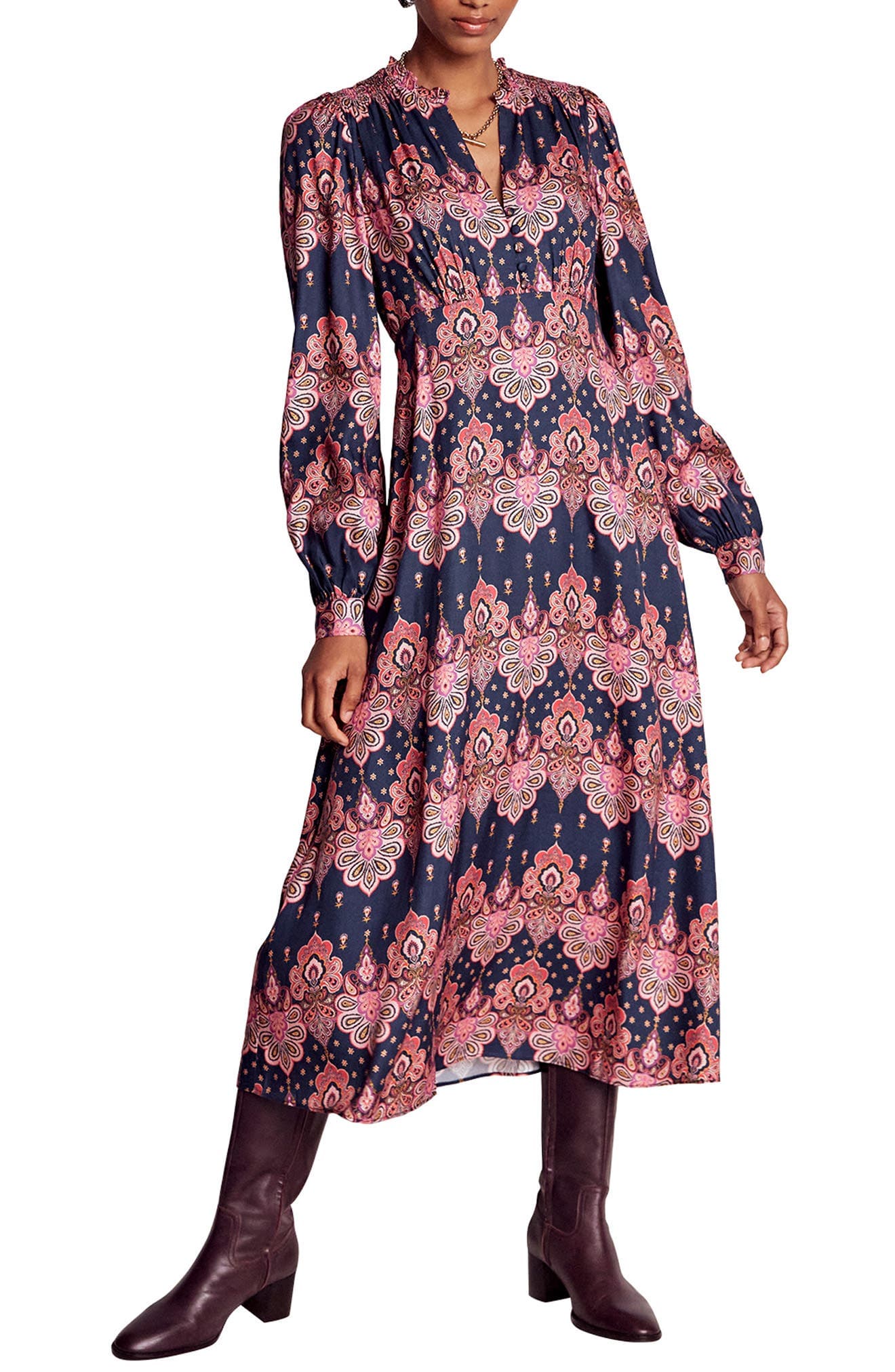 Paisley Long Sleeve Midi Dress - image 1