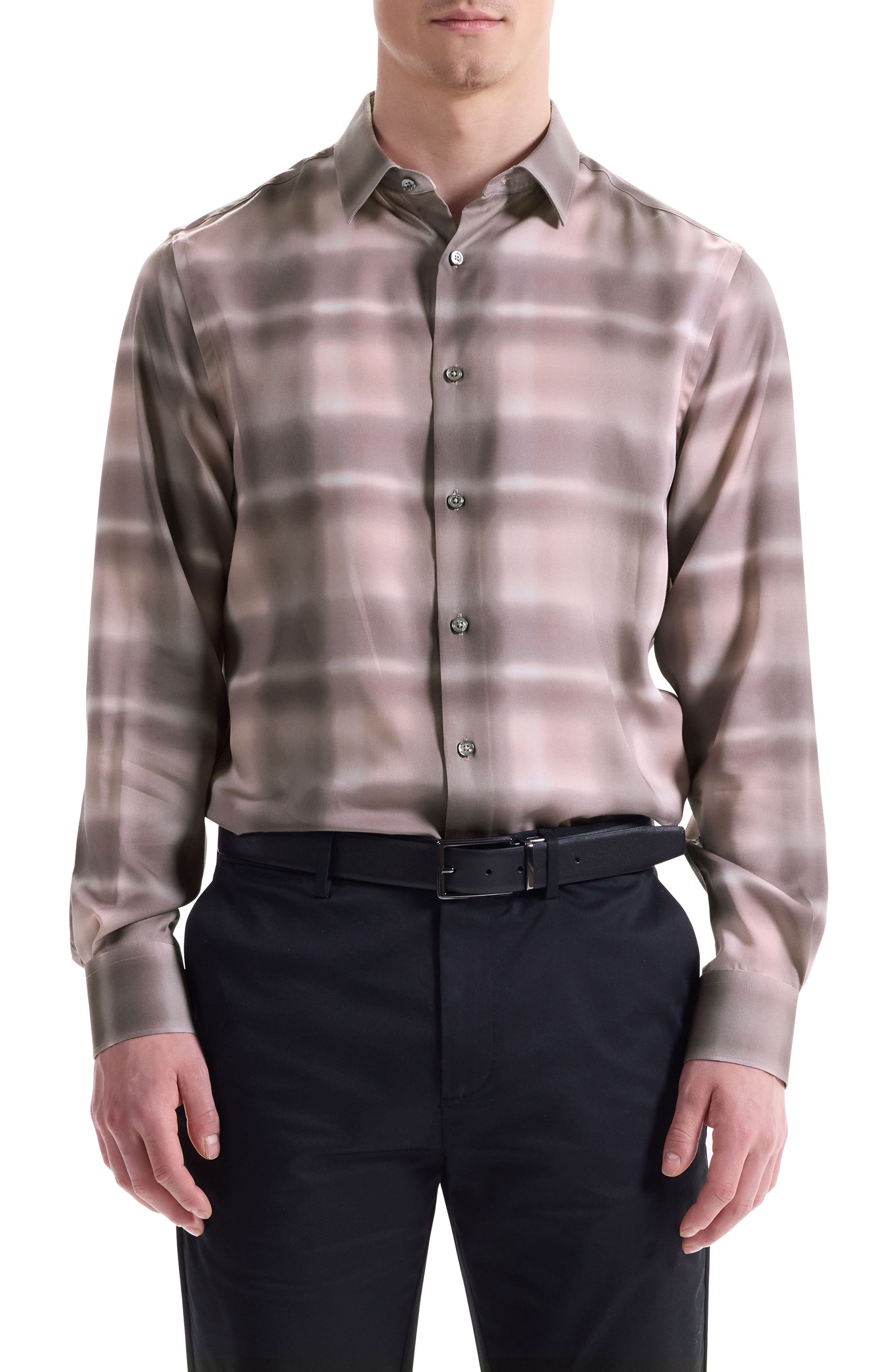 Julian Shaped Fit Abstract Check Lyocell Button-Up Shirt - image 1