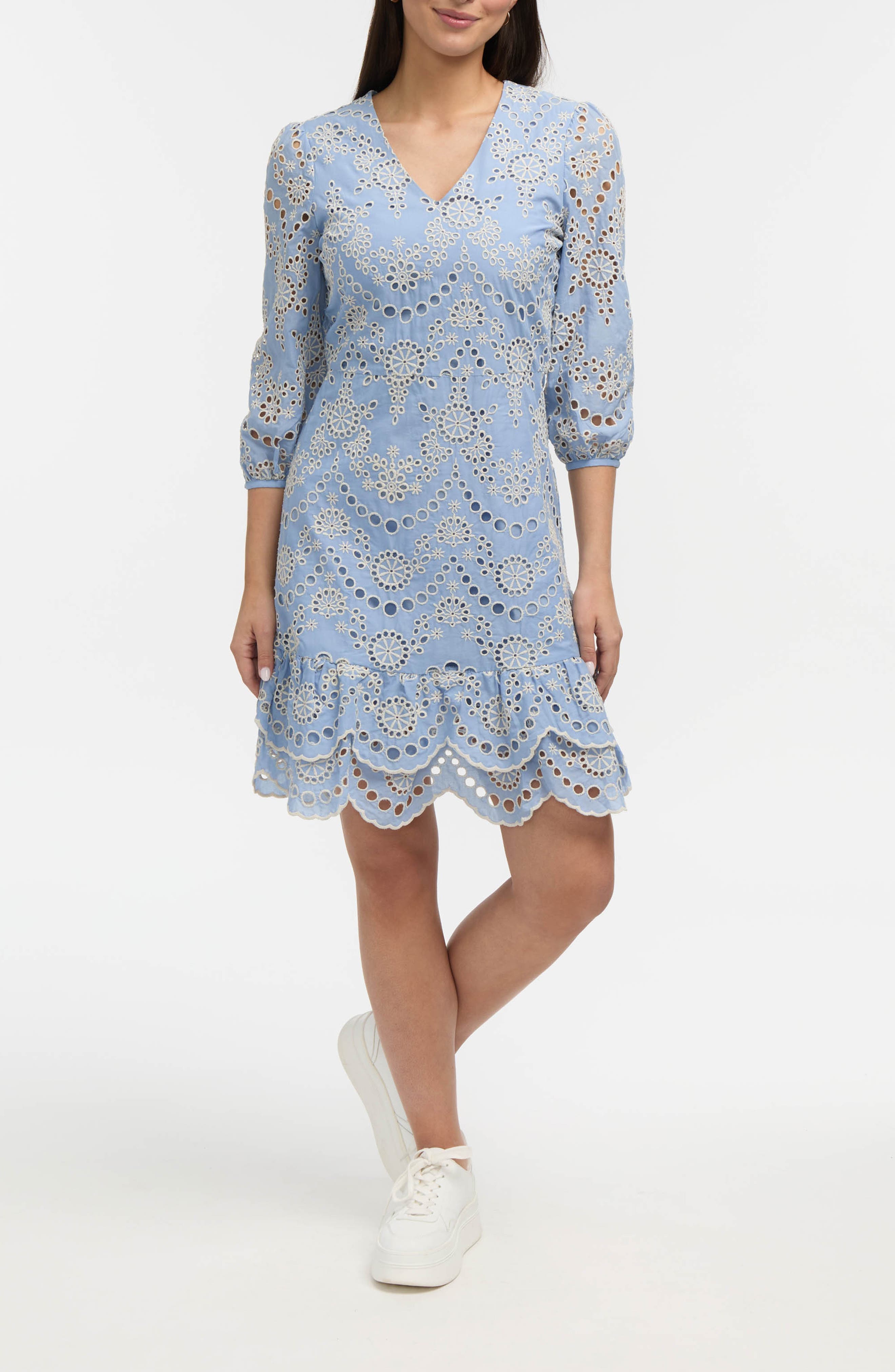 Embroidered Eyelet V-Neck Minidress - image 1