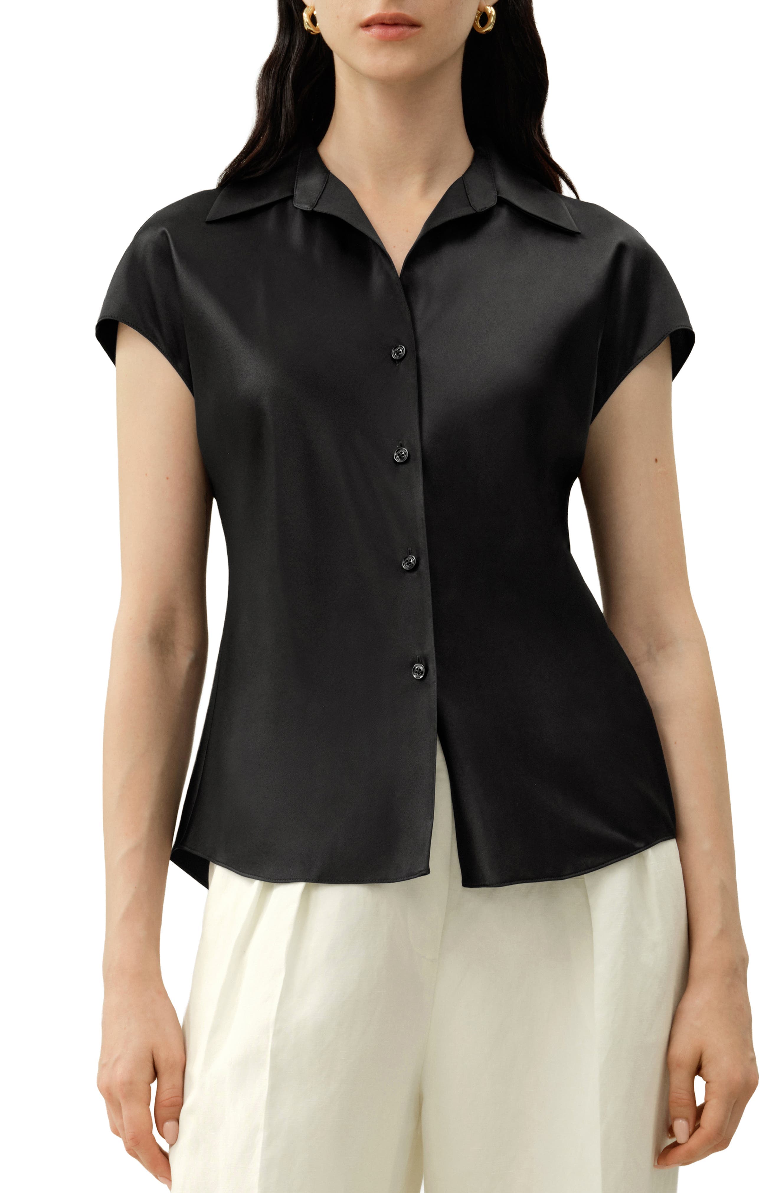 Bias Cut Cap-Sleeve Silk Shirt - image 1