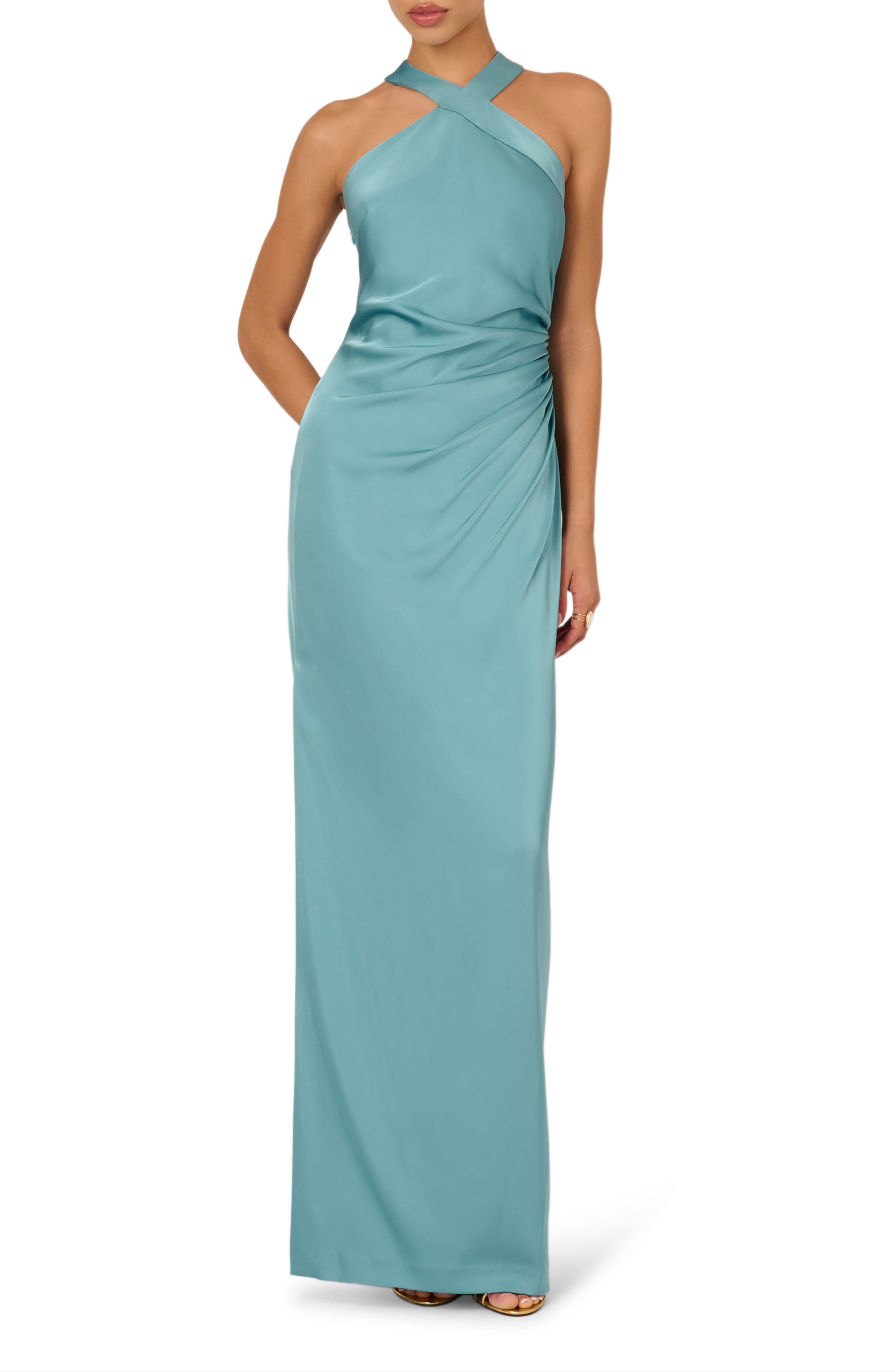 Ruched Drape Stretch Satin Gown - image 1