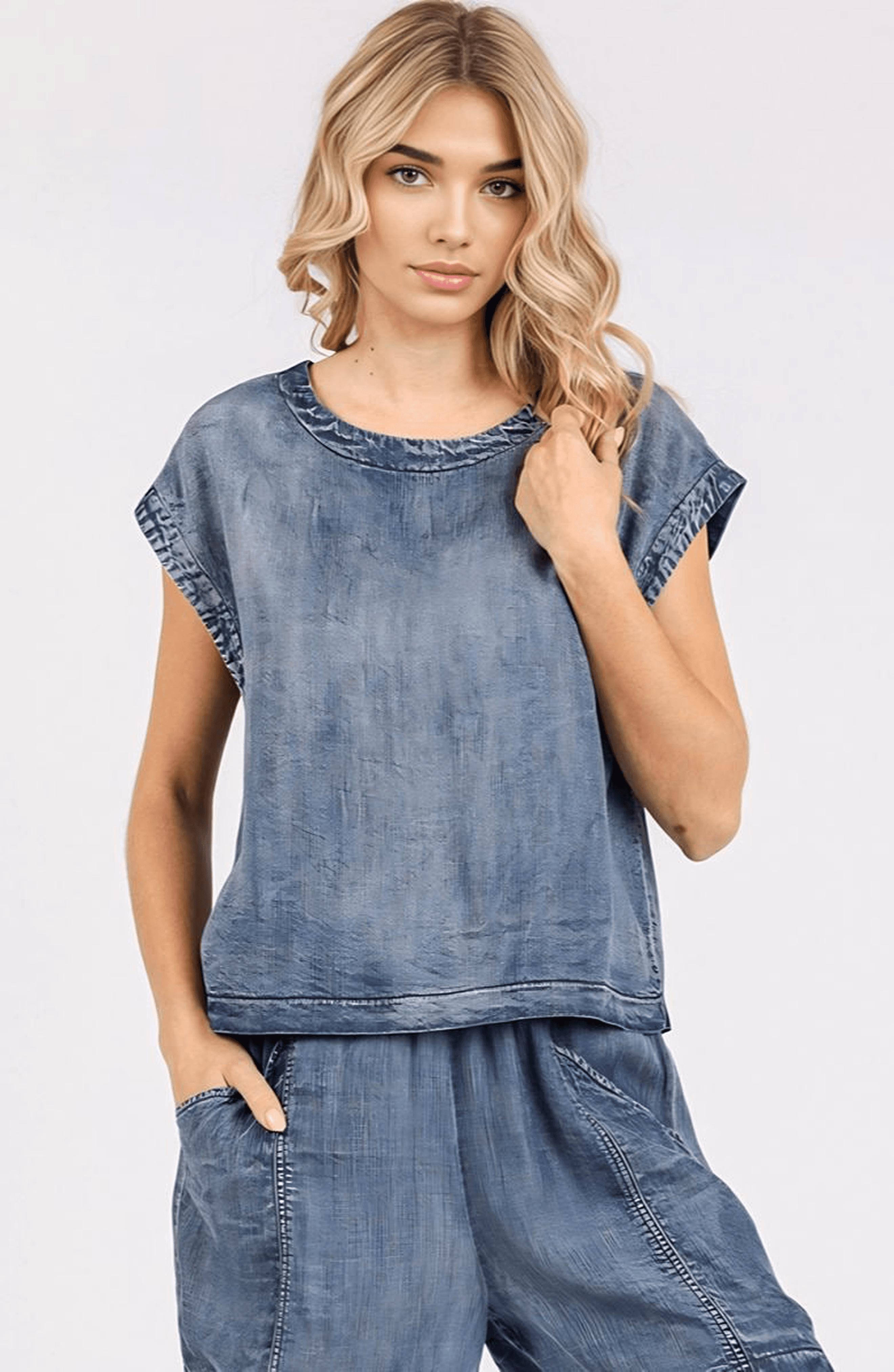Washed Cap Sleeve Top with Back Button Detail - image 1
