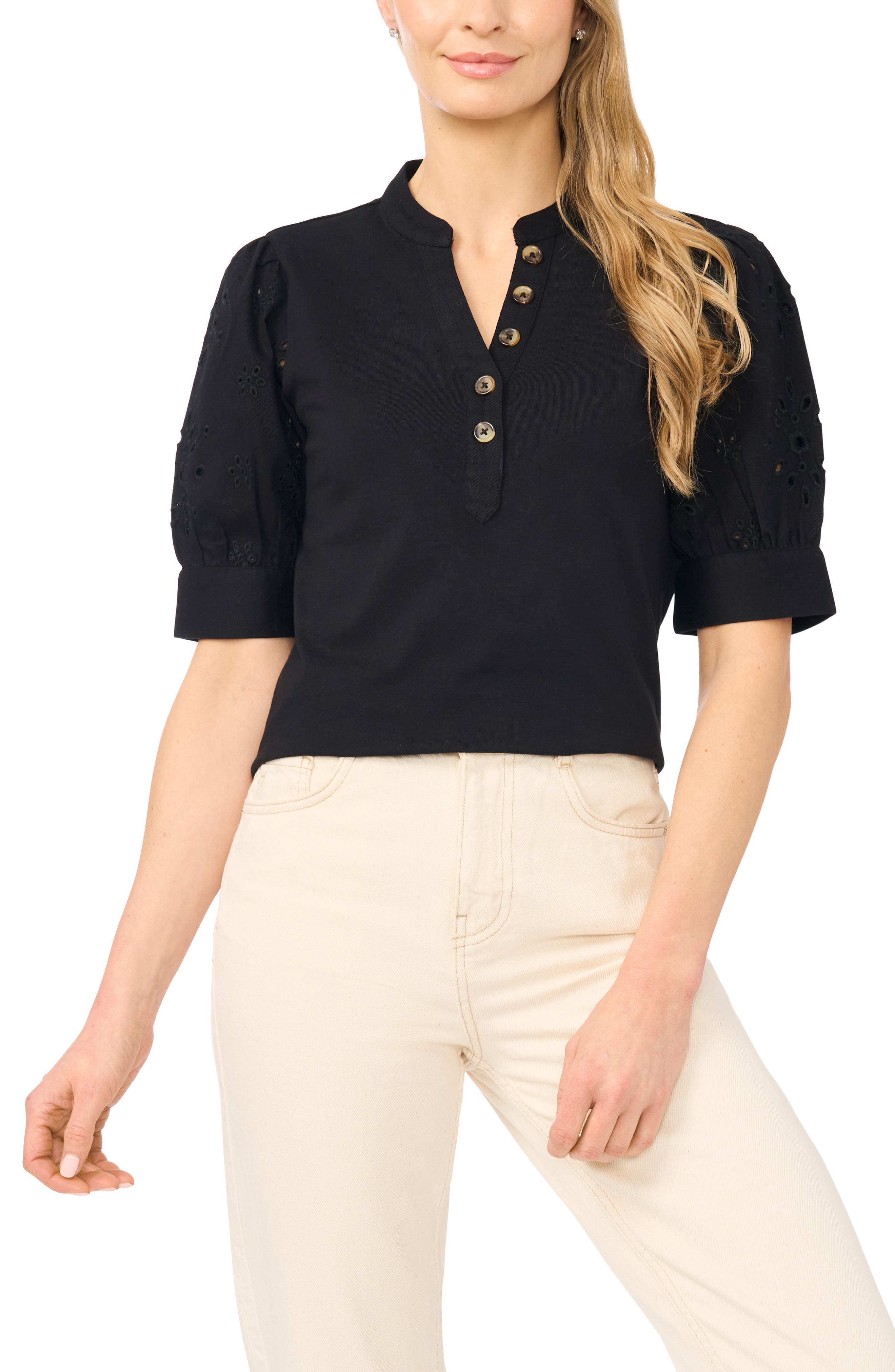 Puff Sleeve Mixed Media Cotton Top - image 1