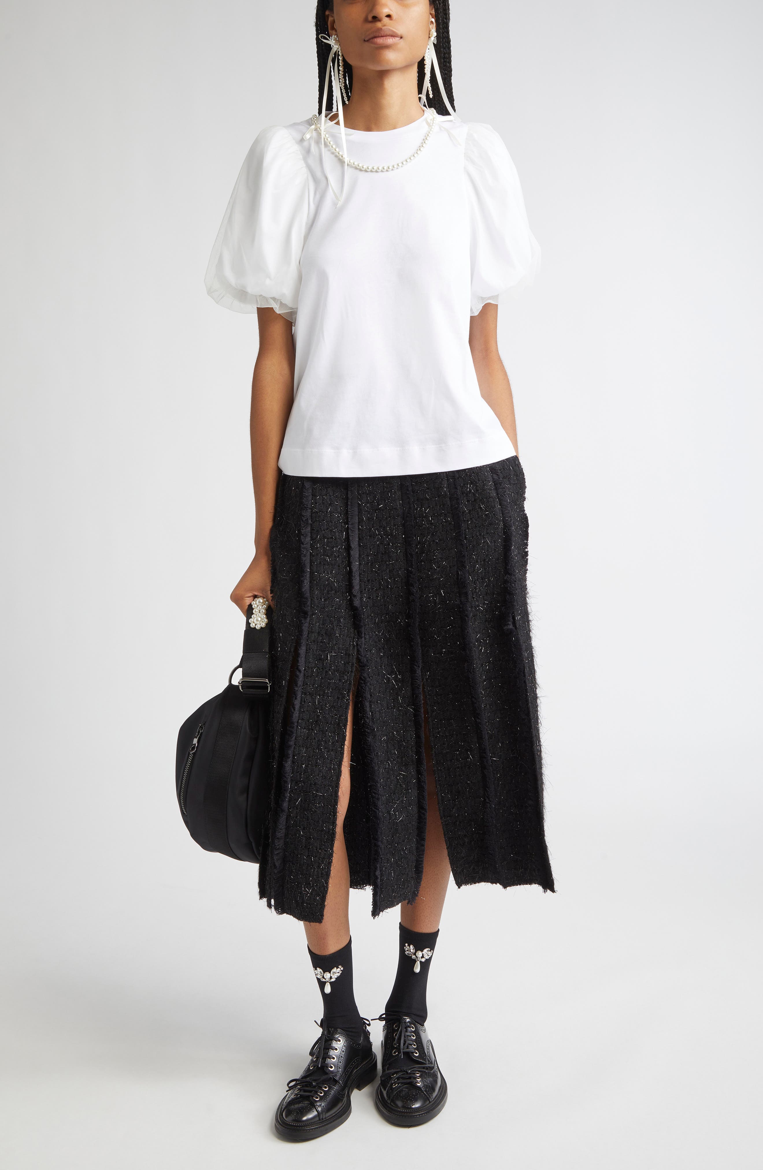 Tulle Overlay Puff Sleeve T-Shirt with Faux Pearl Trim - image 2
