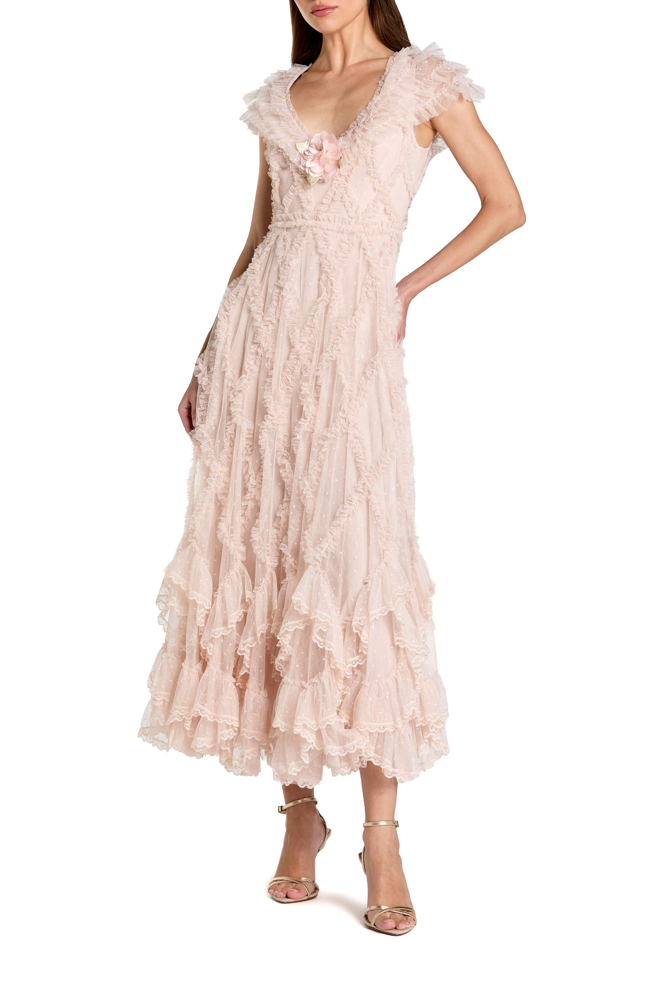 Petite Micro Ruffle Cap Sleeve A-Line Midi Dress - image 1