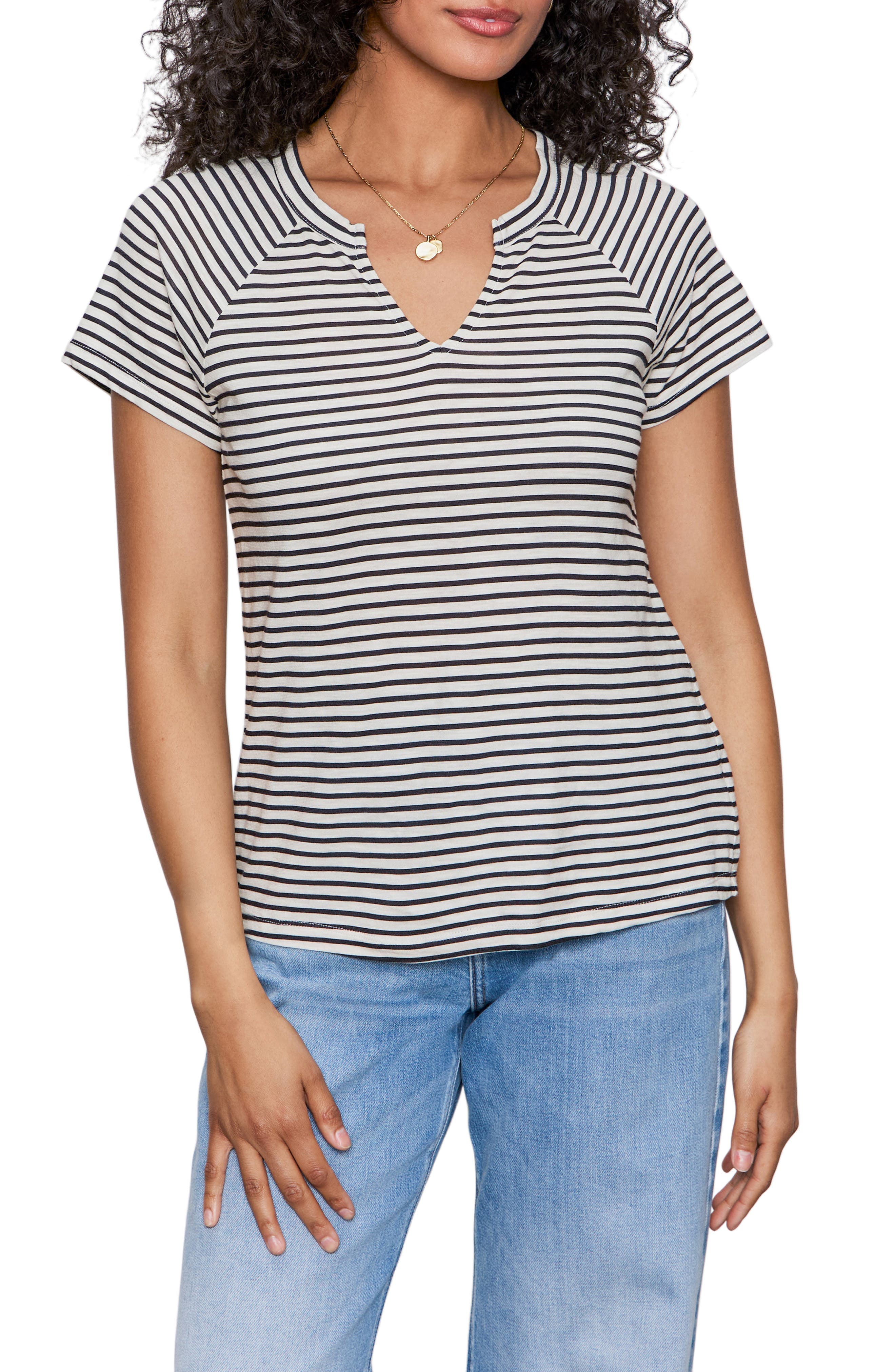 Stripe Notch V-Neck Cotton Blend T-Shirt - image 1
