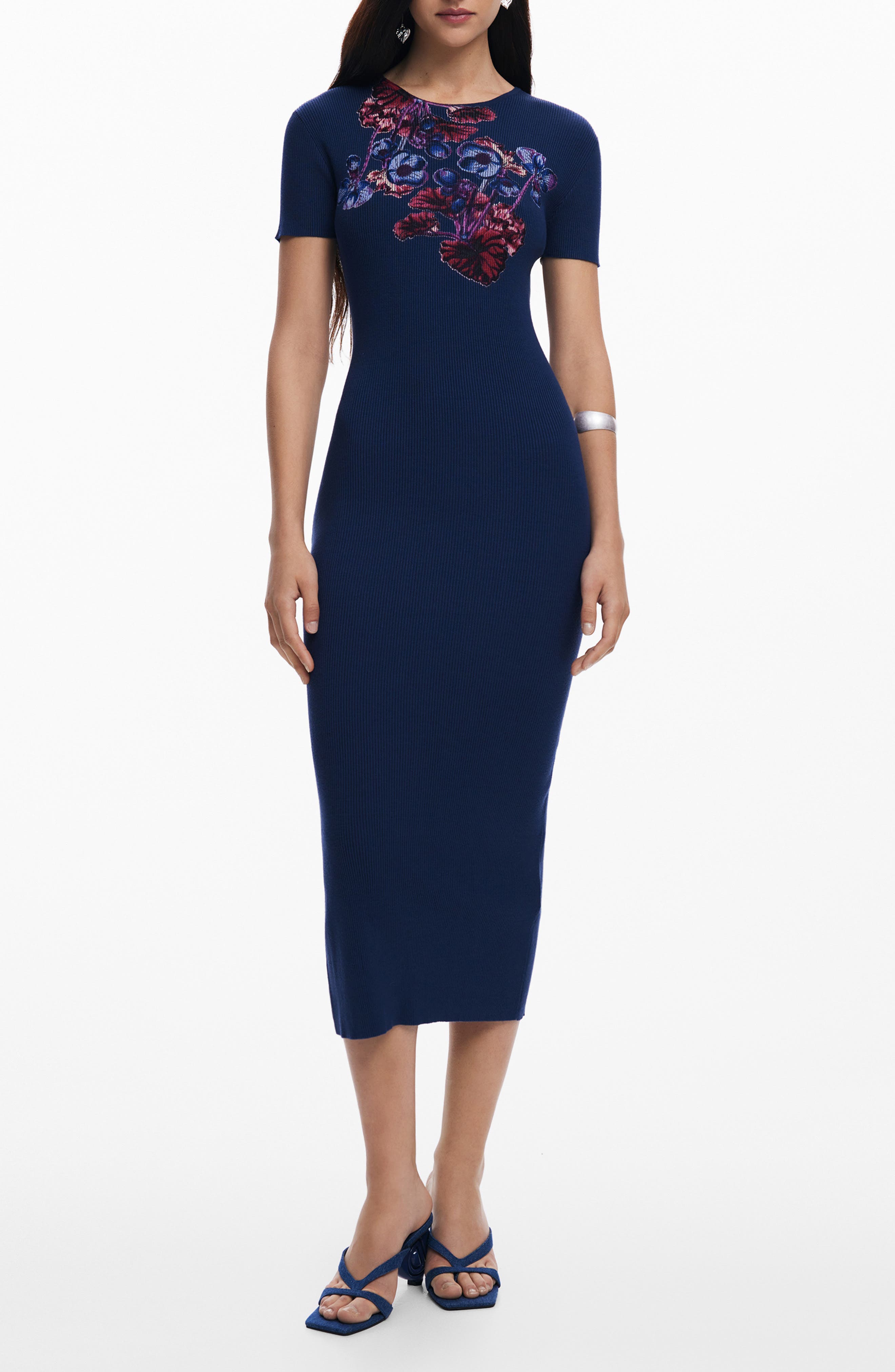 Floral Print Rib Midi Dress - image 1