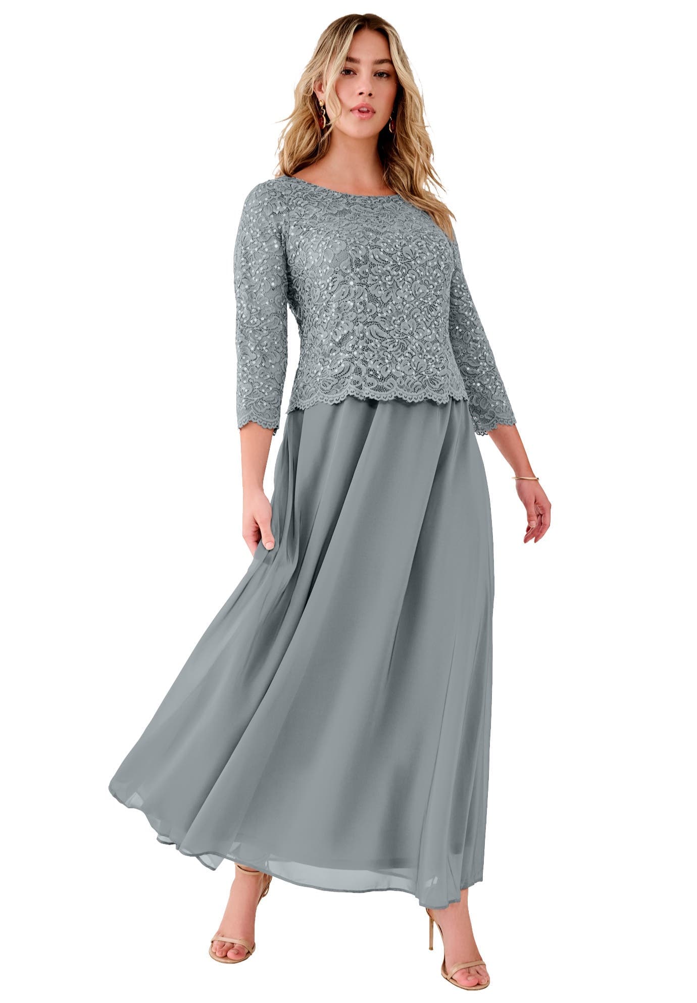 Plus Size Sequin Lace Three Quarter Sleeve A-Line Gown - image 3
