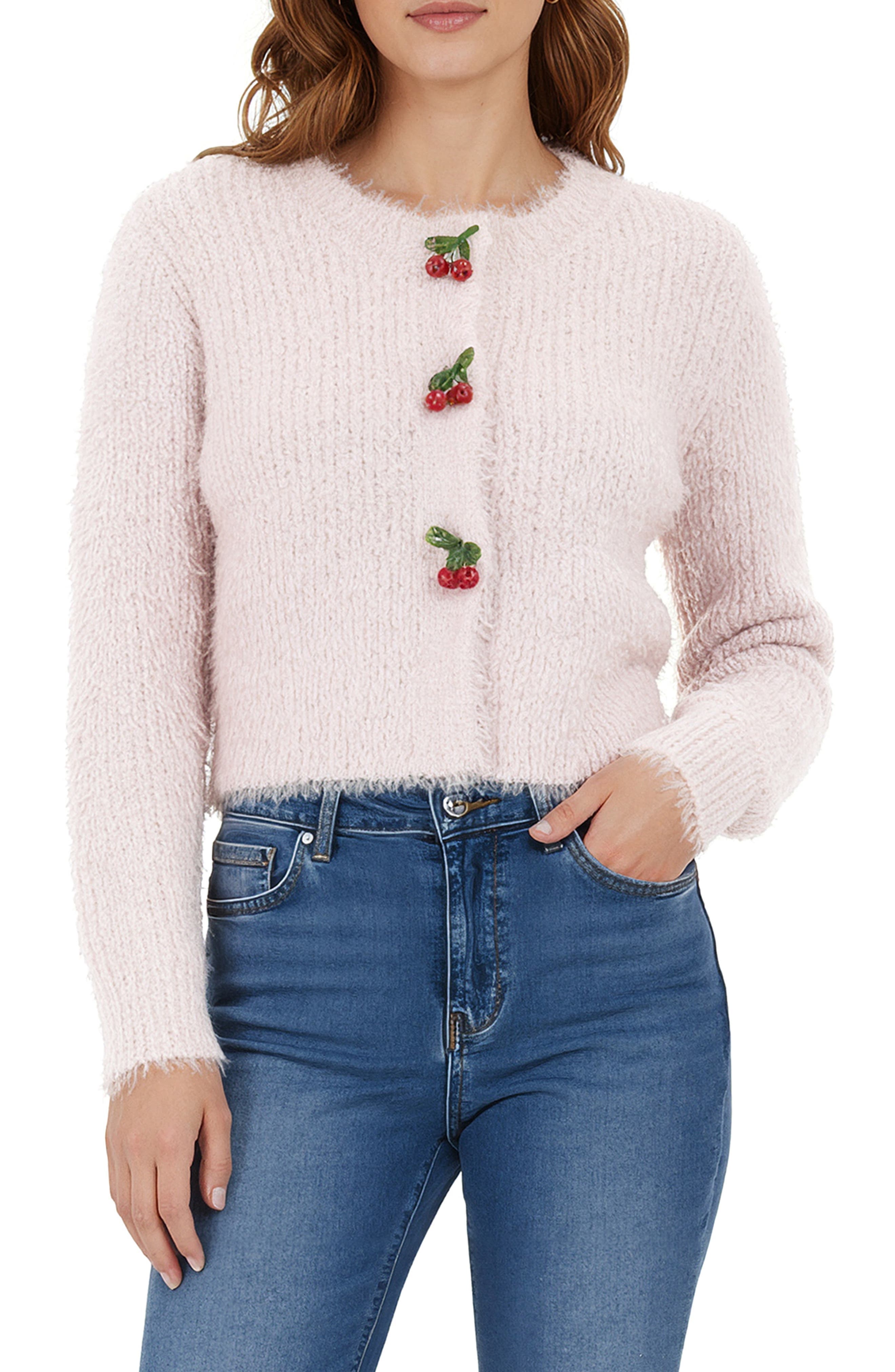 Cherry Applique Fuzzy Crop Cardigan