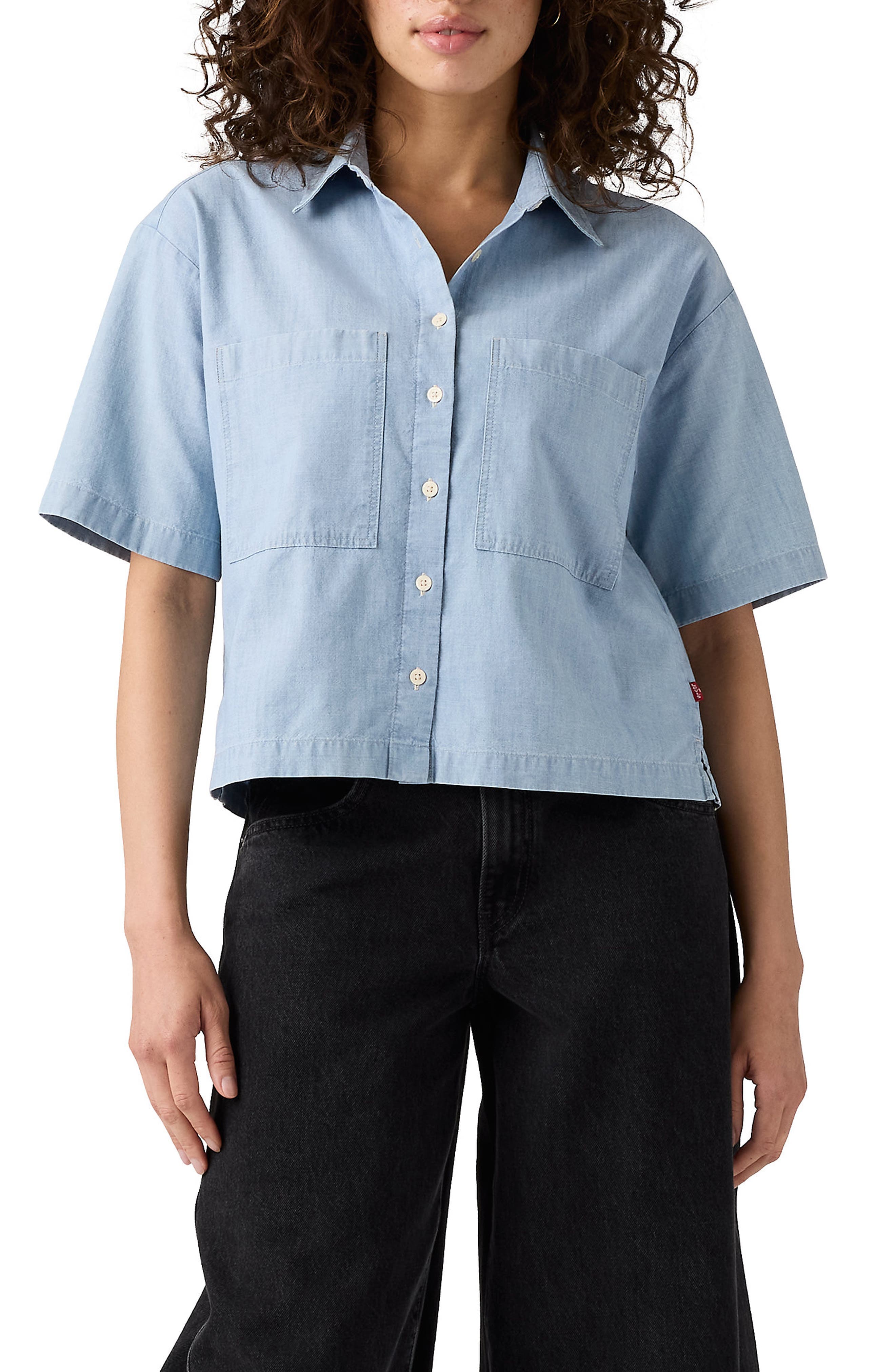 Harlie Short Sleeve Crop Chambray Button-Up Shirt - image 1
