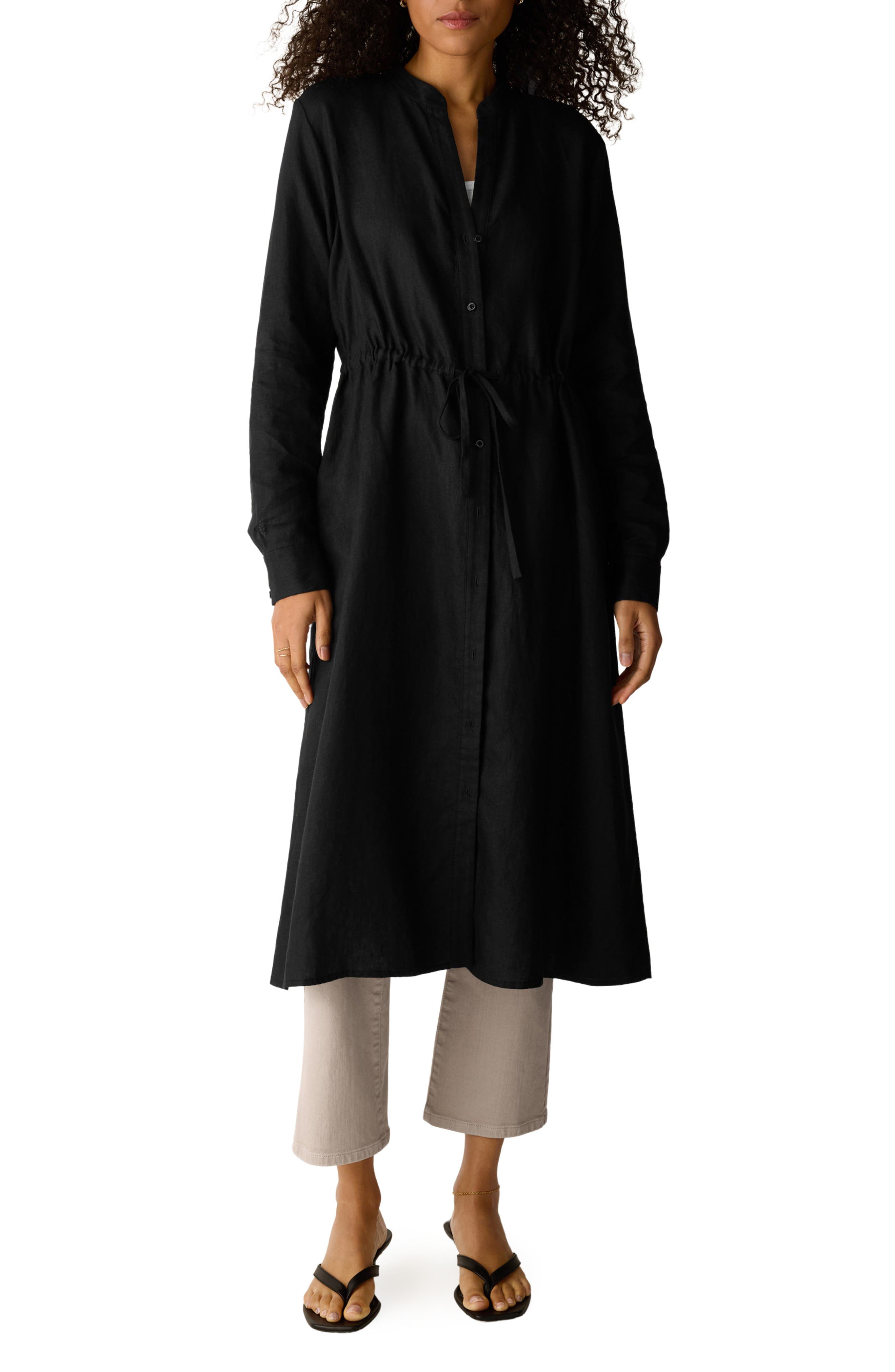 Mandarin Collar Long Sleeve Organic Linen Midi Shirtdress - image 1