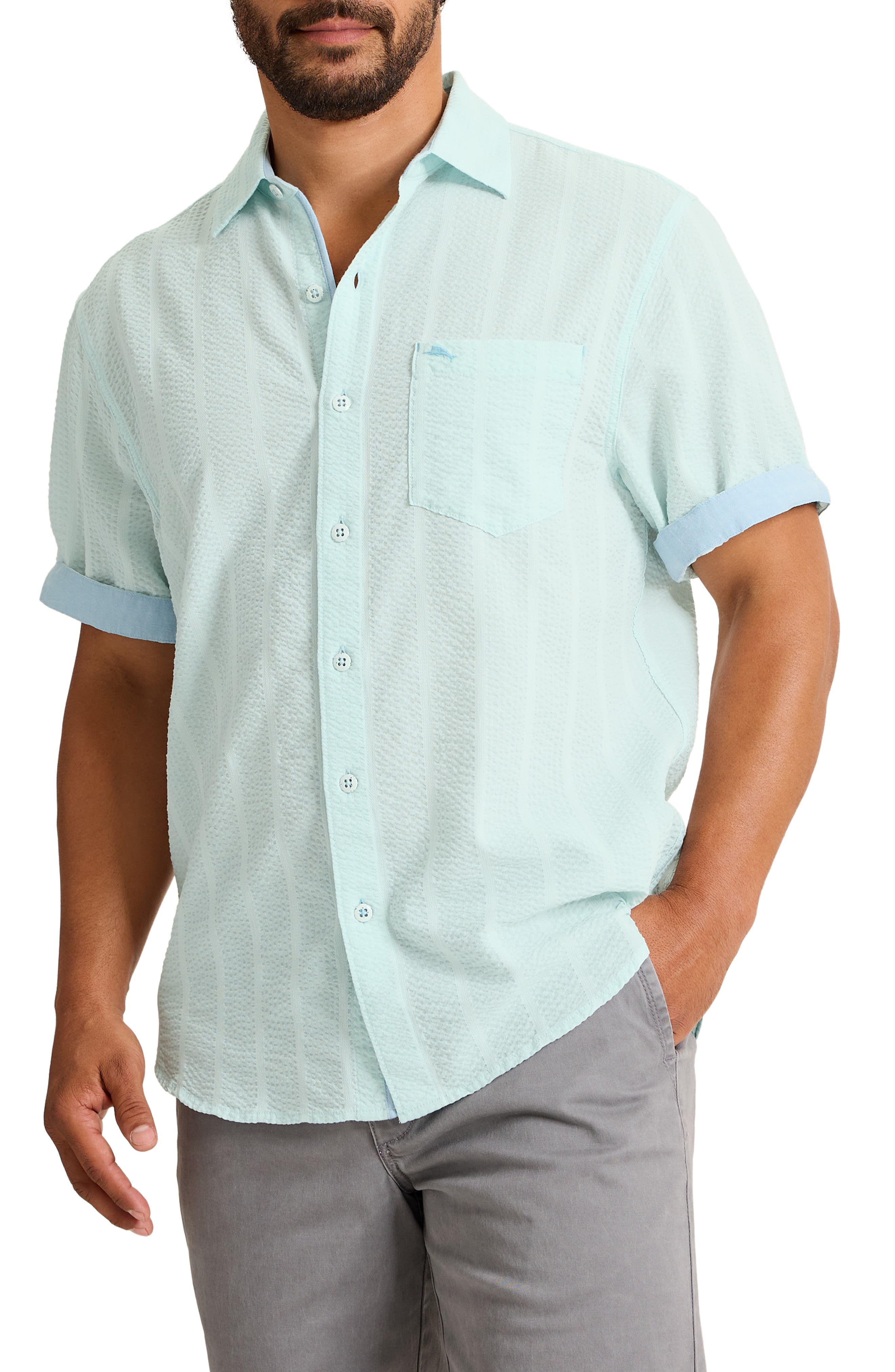 Nova Wave Short Sleeve Stretch Seersucker Button-Up Shirt - image 3