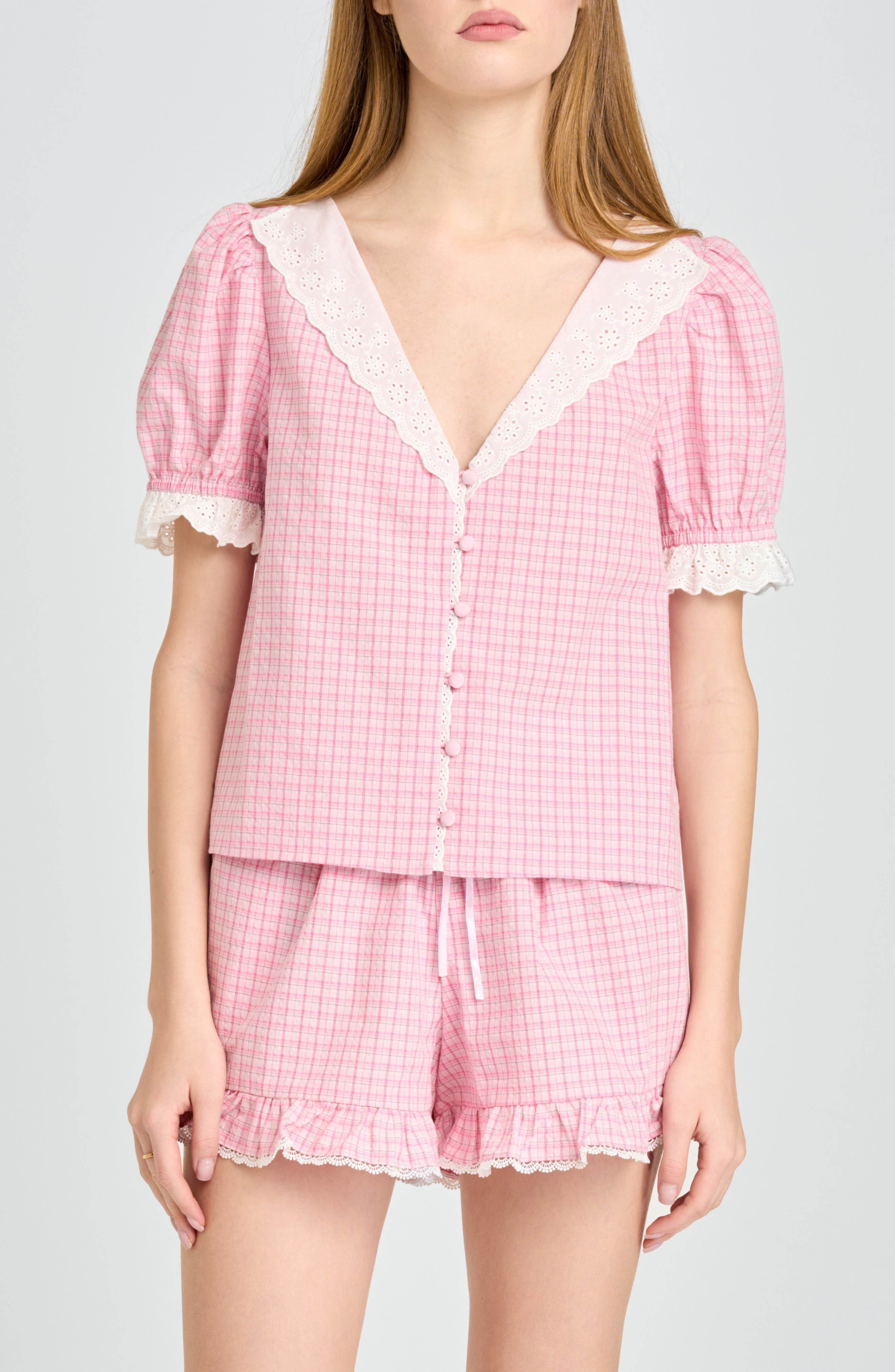 Emma Eyelet Trim Plaid Button-Up Top - image 1