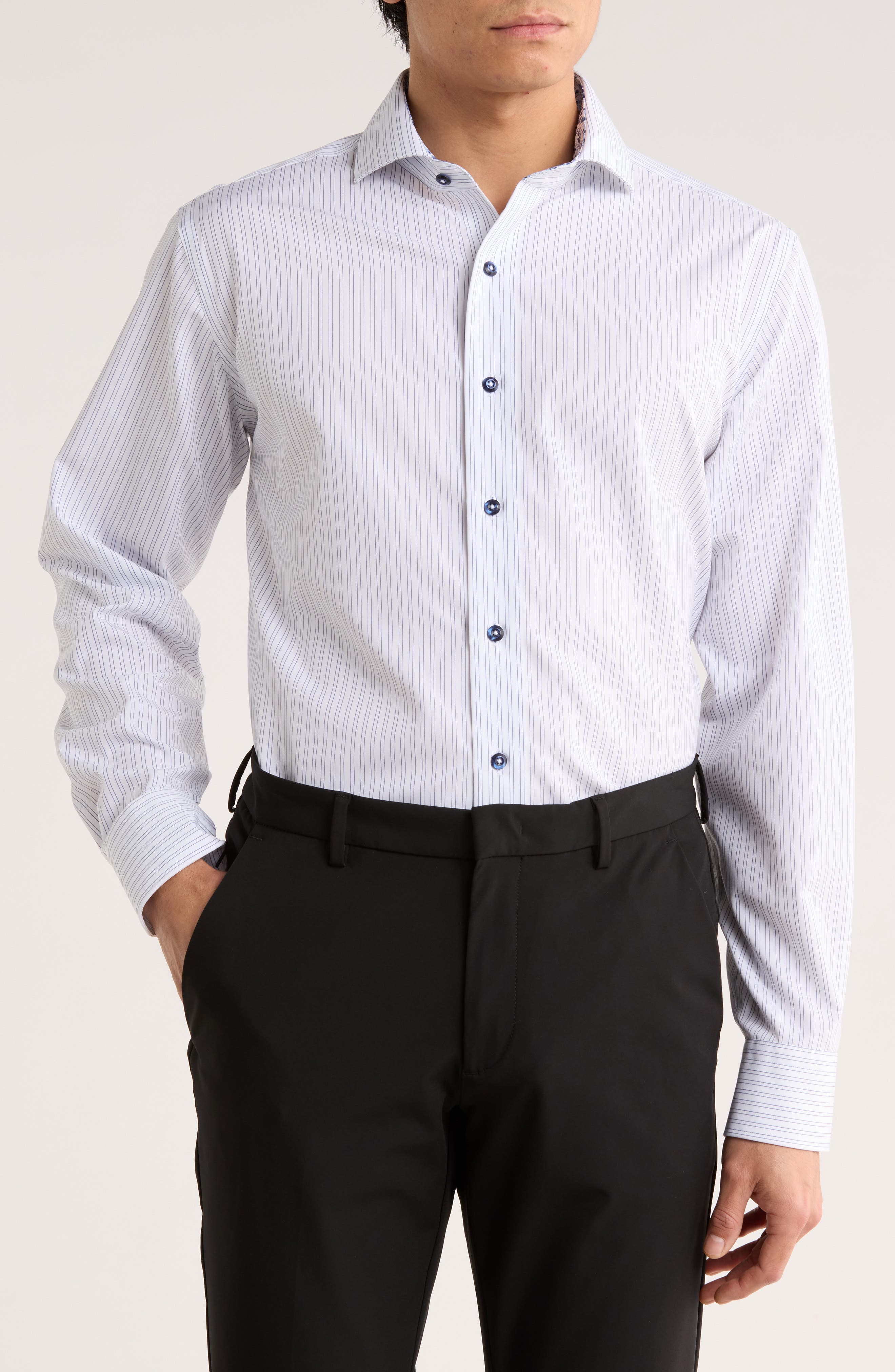 Trim Fit Textured Vertical Stripe Cotton Button-Up Shirt - image 1