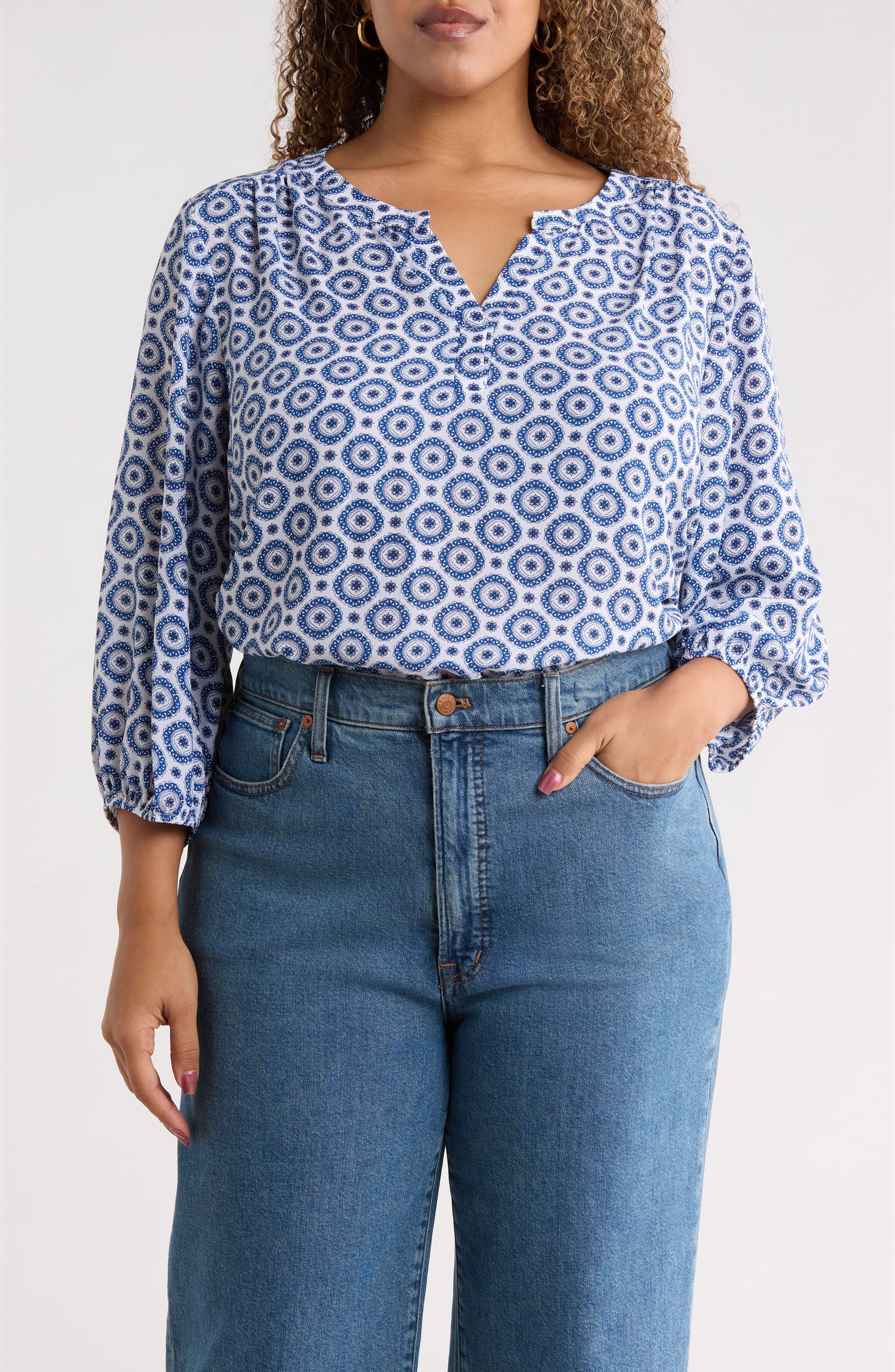 Split Neck Geo Print Top - image 1