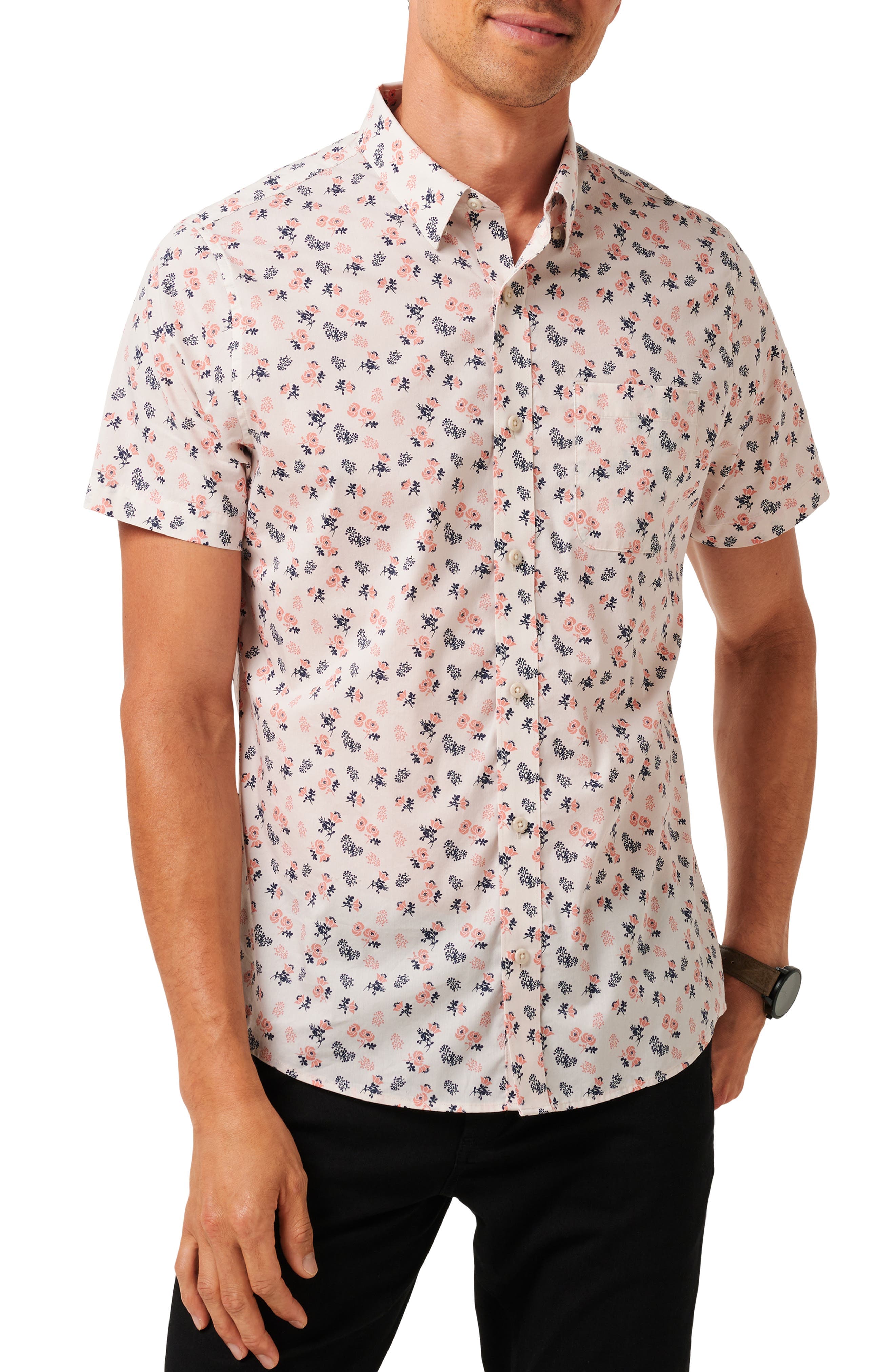 Something New Floral Short Sleeve Stretch Cotton Blend Button-Up Shirt - image 1