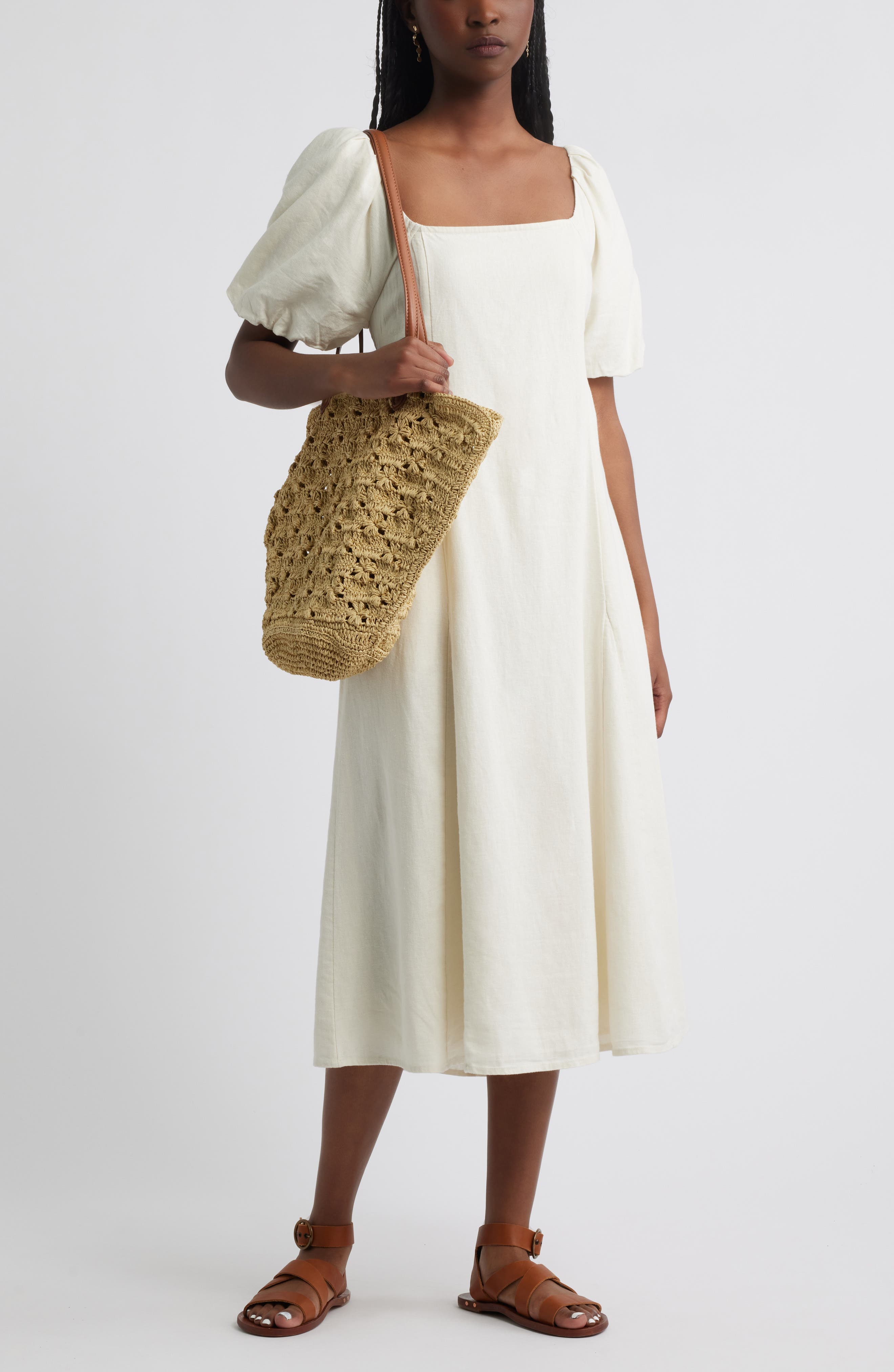 Puff Sleeve Linen Blend Midi Dress - image 2