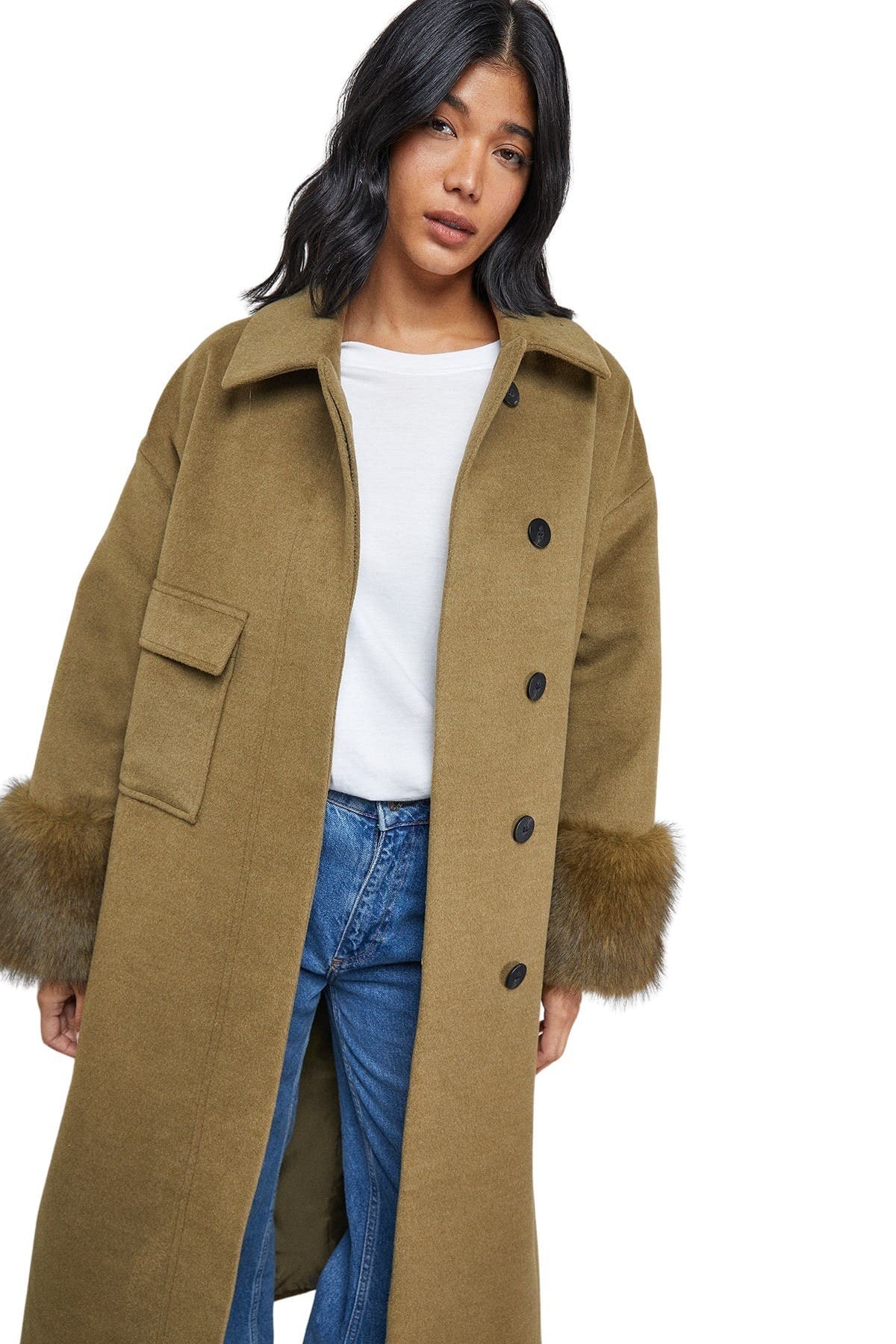 Patch Pocket Faux Fur Cuff Maxi Coat - image 2