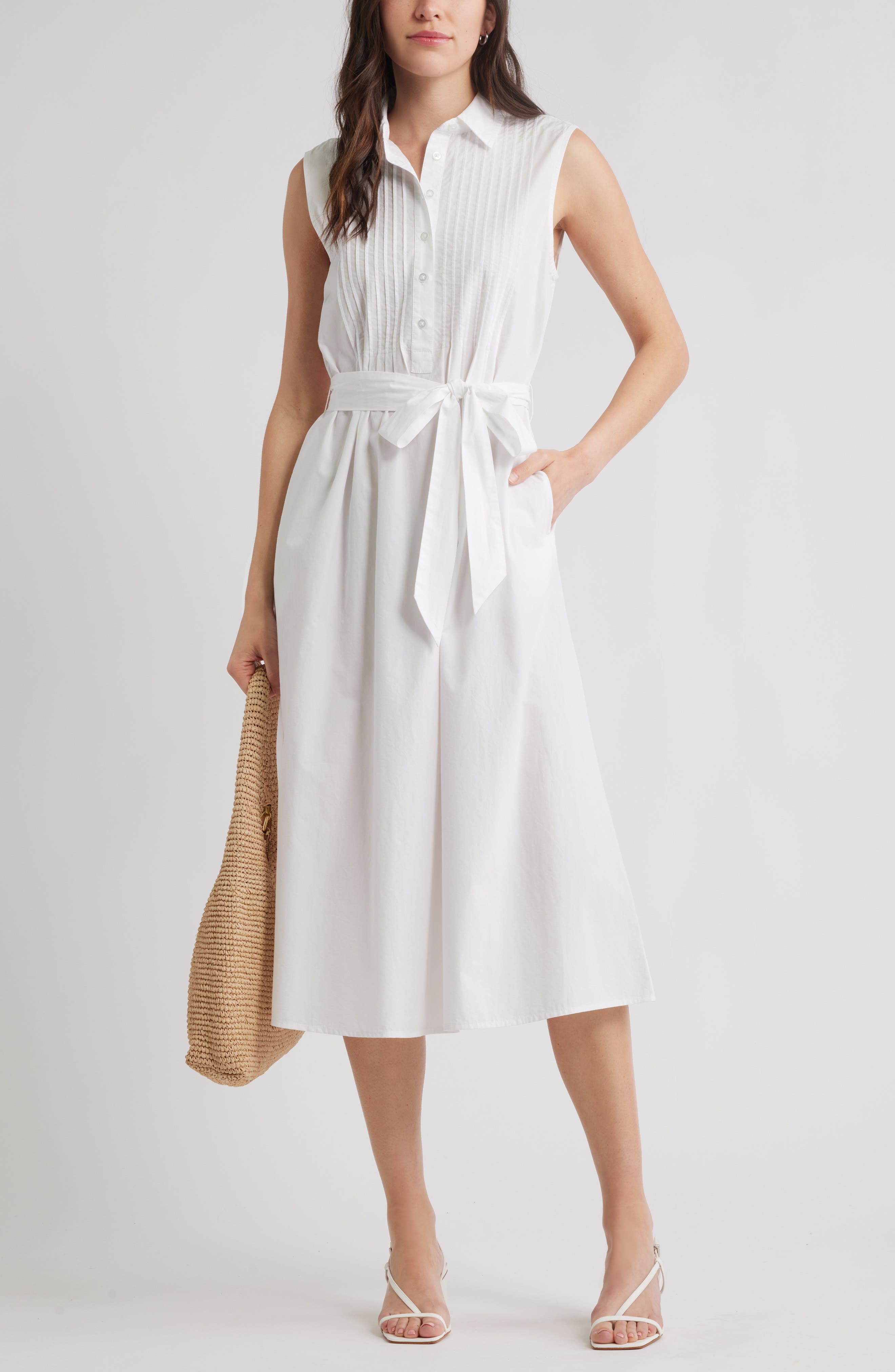Pintuck Sleeveless Cotton Poplin Shirtdress - image 2