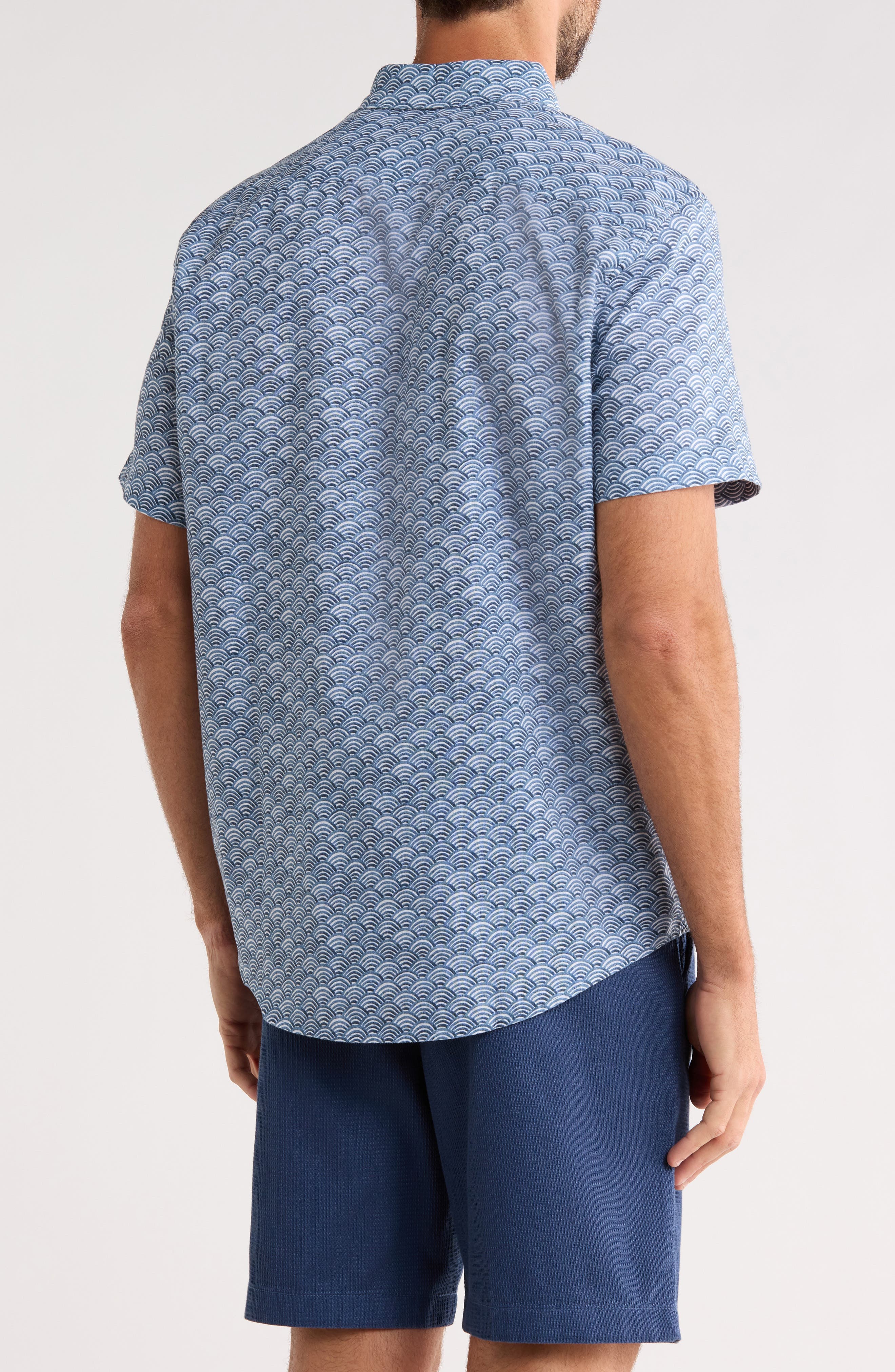 Wave Print Short Sleeve Linen & Cotton Blend Button-Down Shirt - image 2