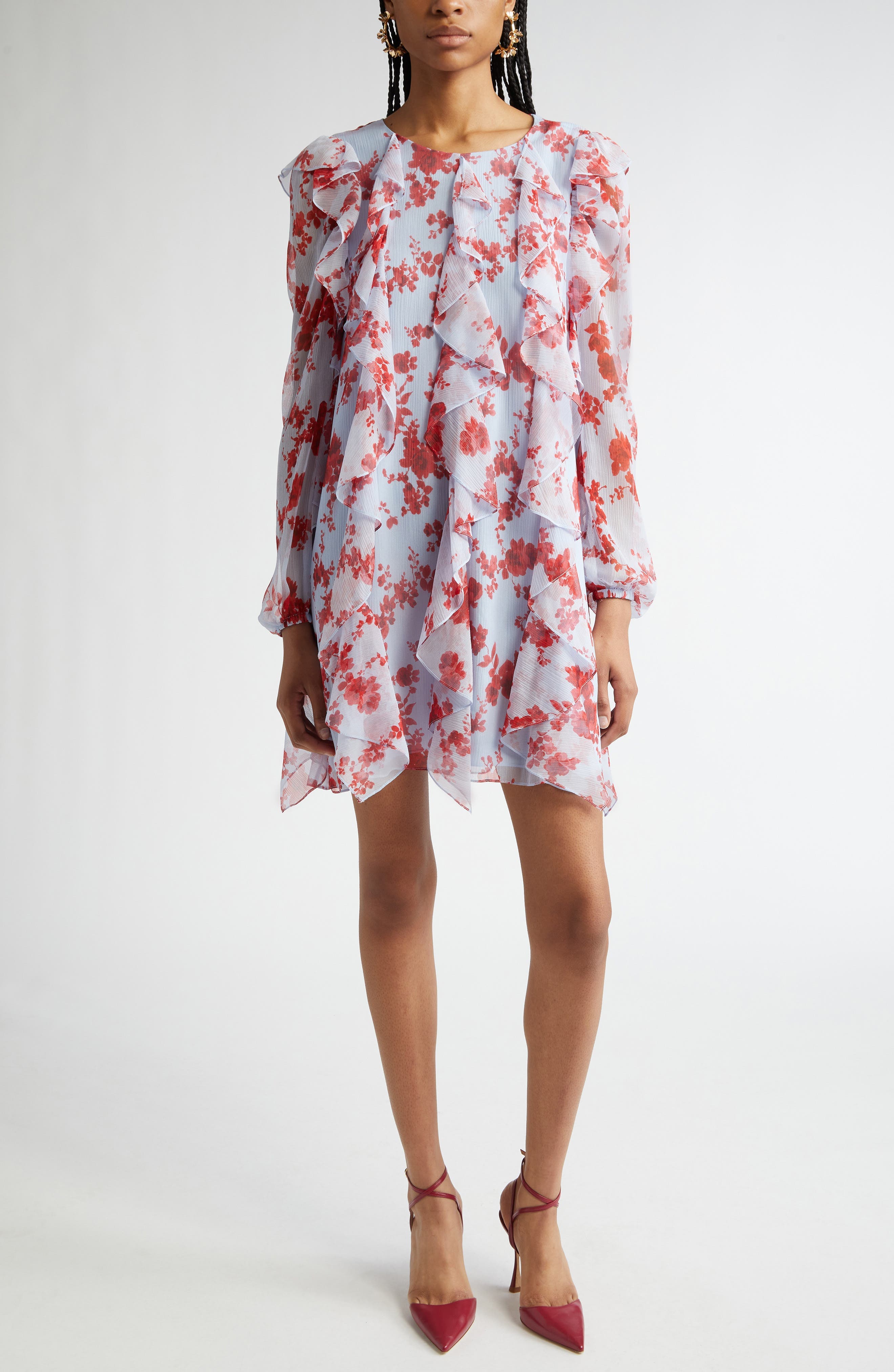 Floral Print Long Sleeve Tiered Ruffle Silk Chiffon Minidress - image 1