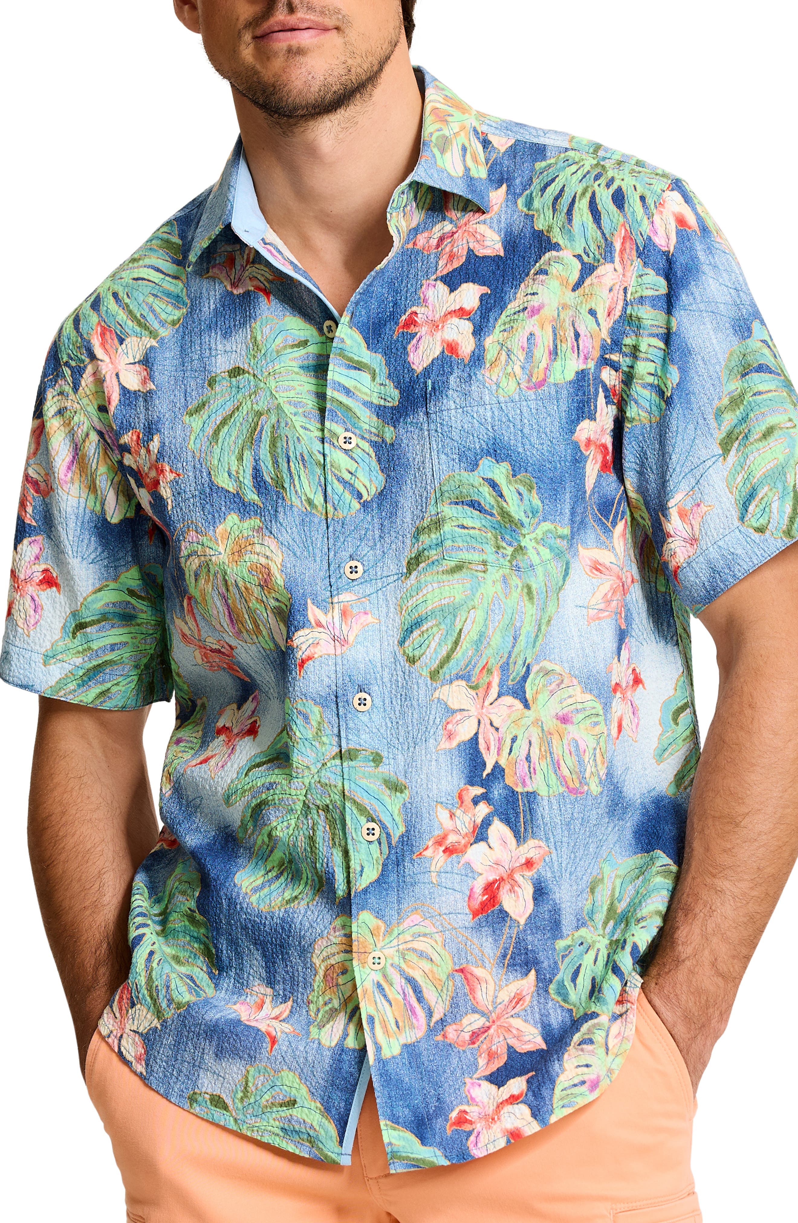 Nova Wave Mira Jungle Floral Short Sleeve Seersucker Button-Up Shirt - image 1