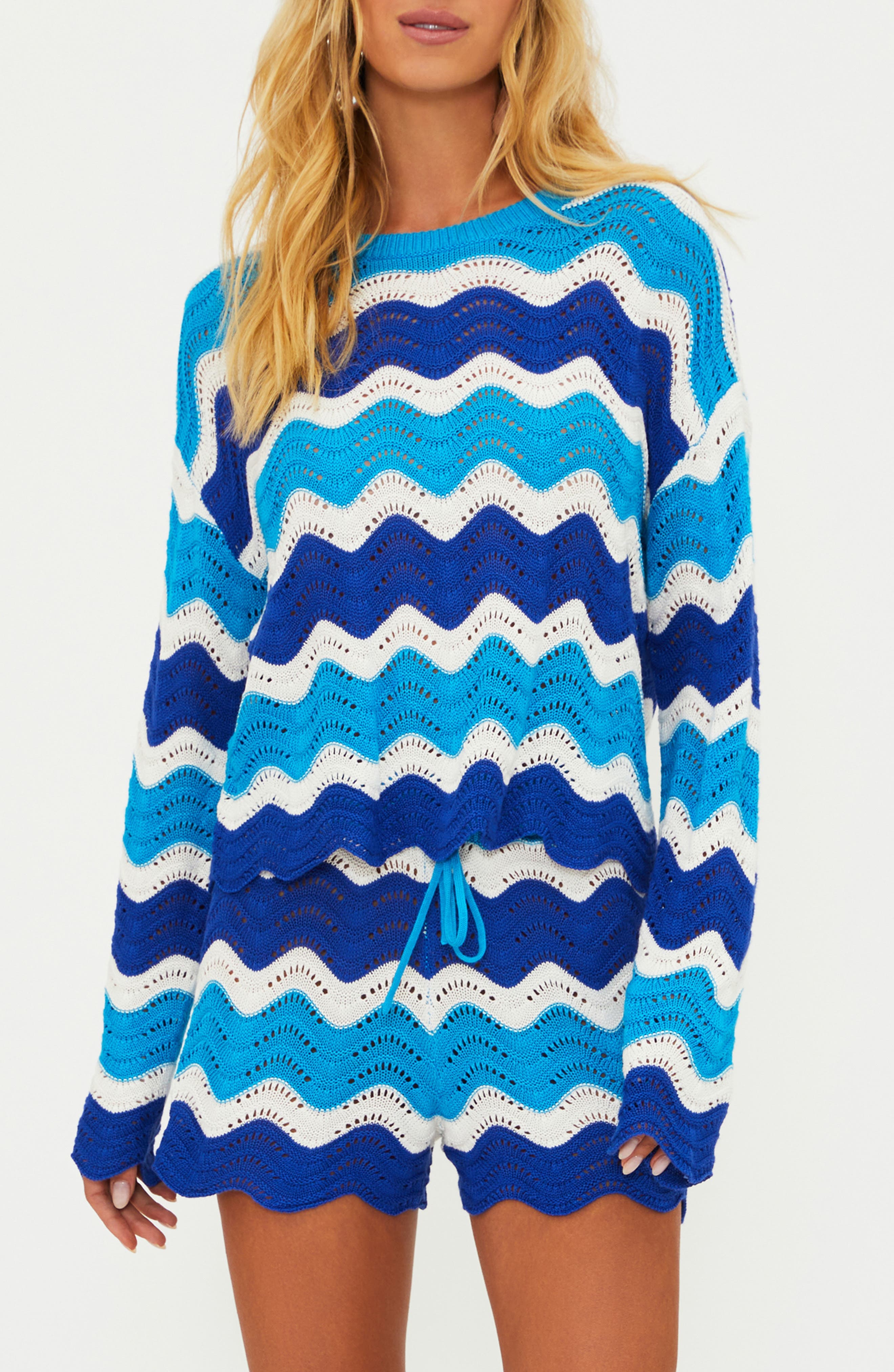 Beach Wavy Stripe Pointelle Cover-Up Sweater - image 1