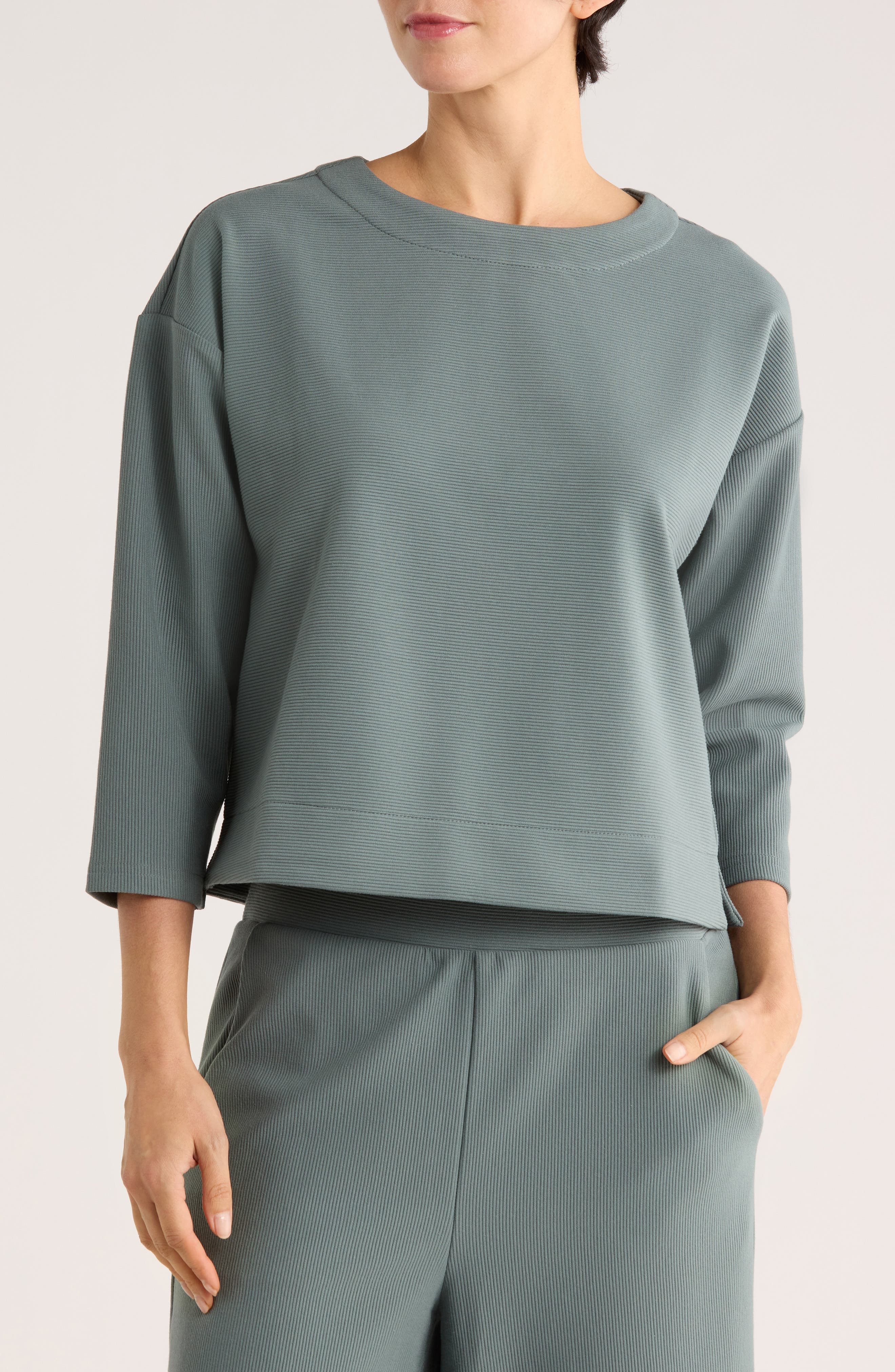 Three-Quarter Sleeve Drop Shoulder Rib Knit Top - image 3