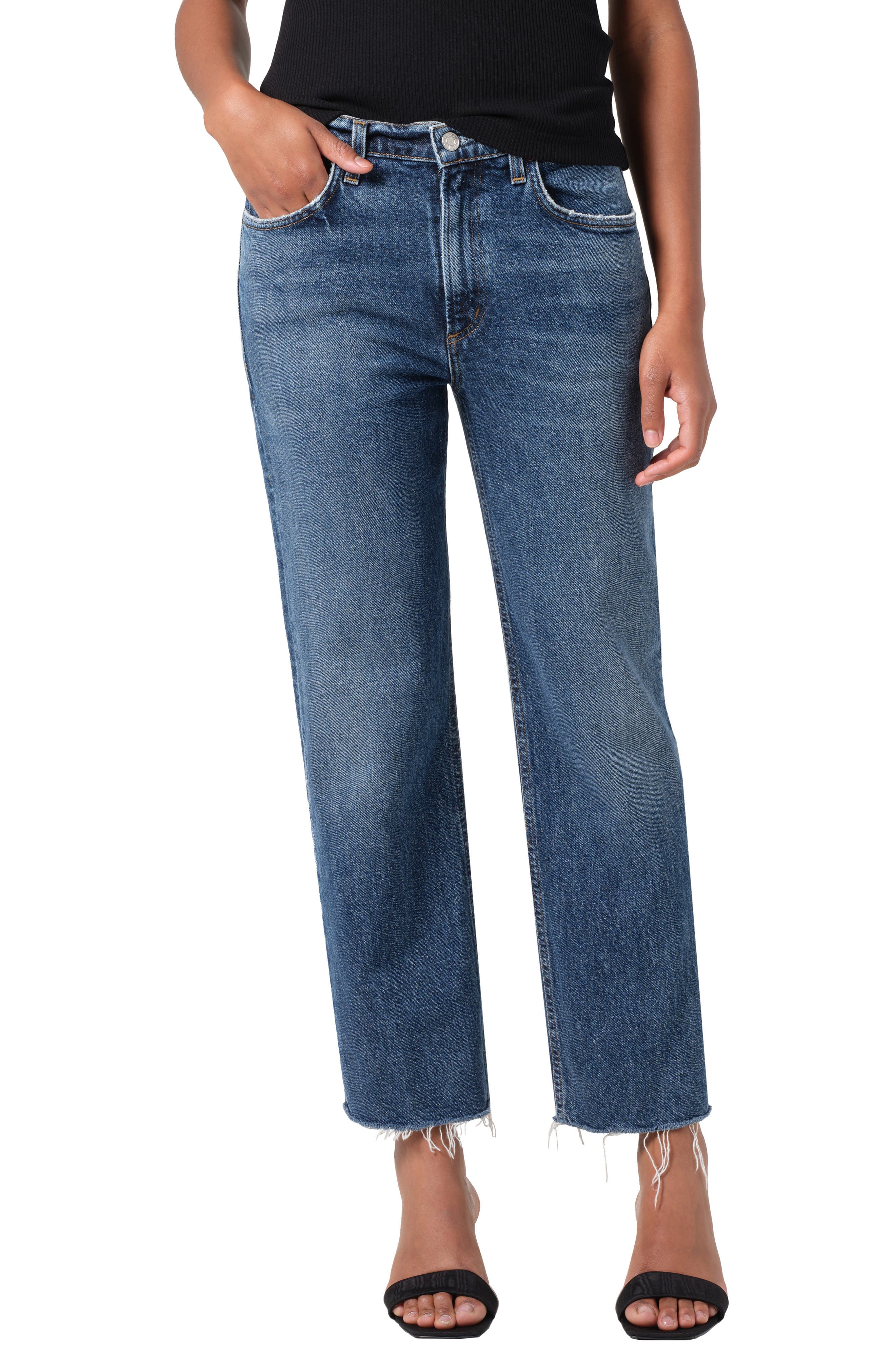 Valen Frayed Mid Rise Ankle Straight Leg Jeans - image 1