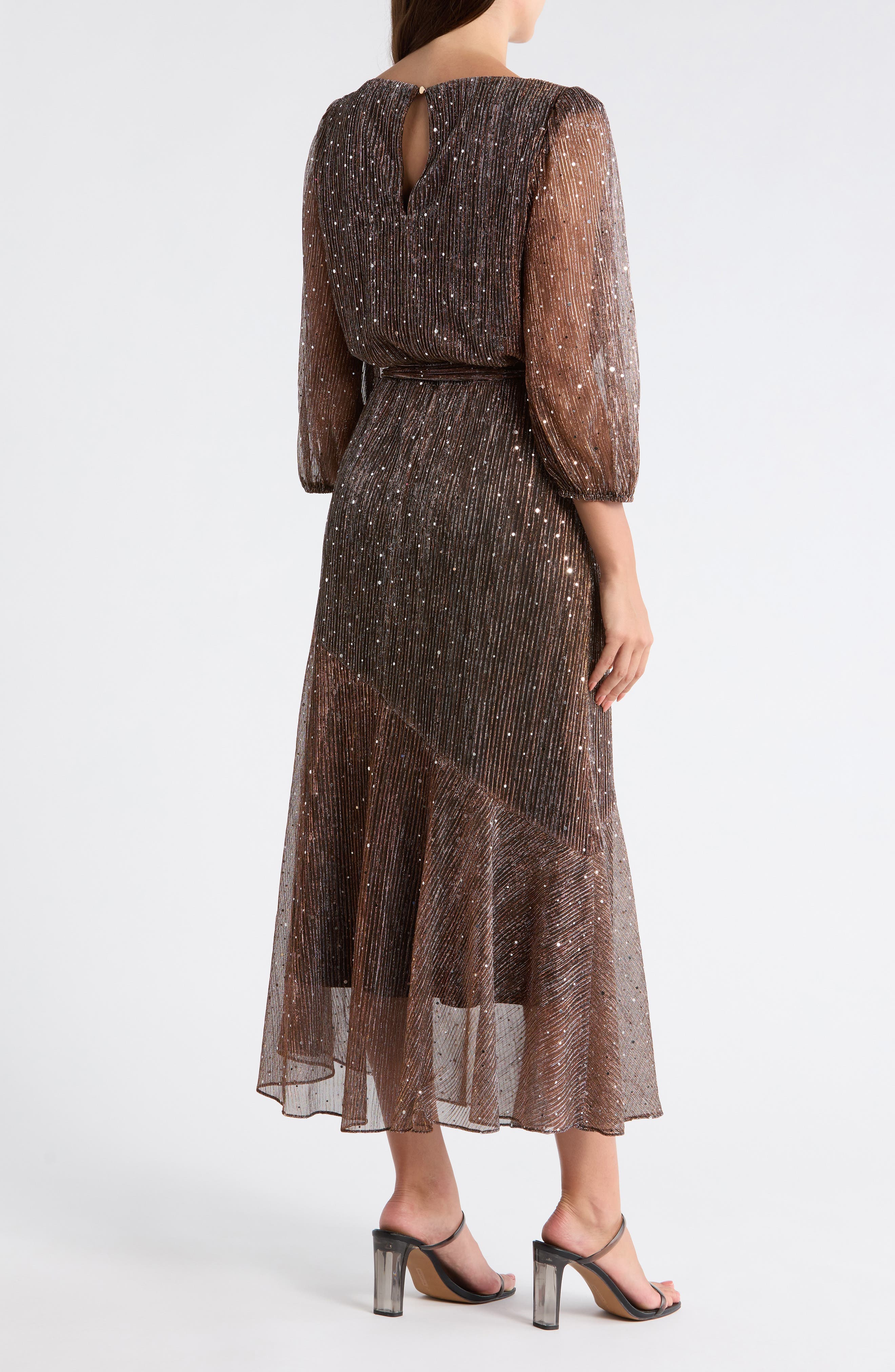 Balloon Sleeve Metallic Plisse Midi Dress - image 2