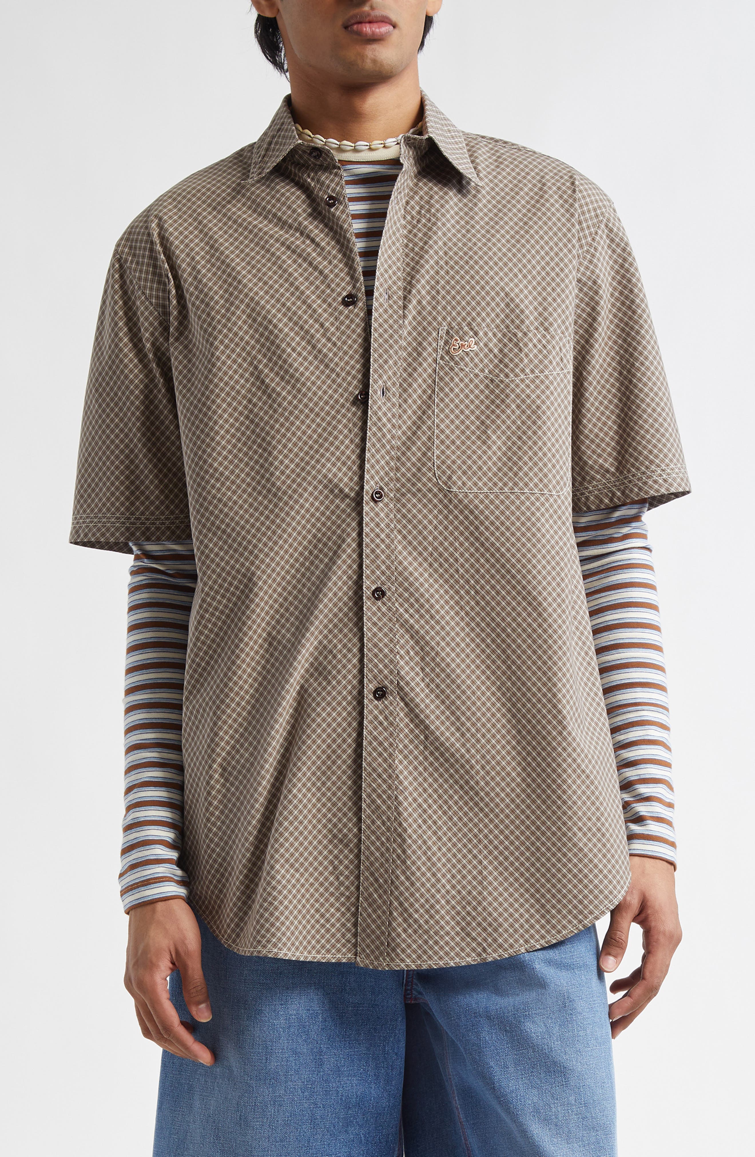 Gender Inclusive Microplaid Longline Organic Cotton Button-Up Shirt - image 1