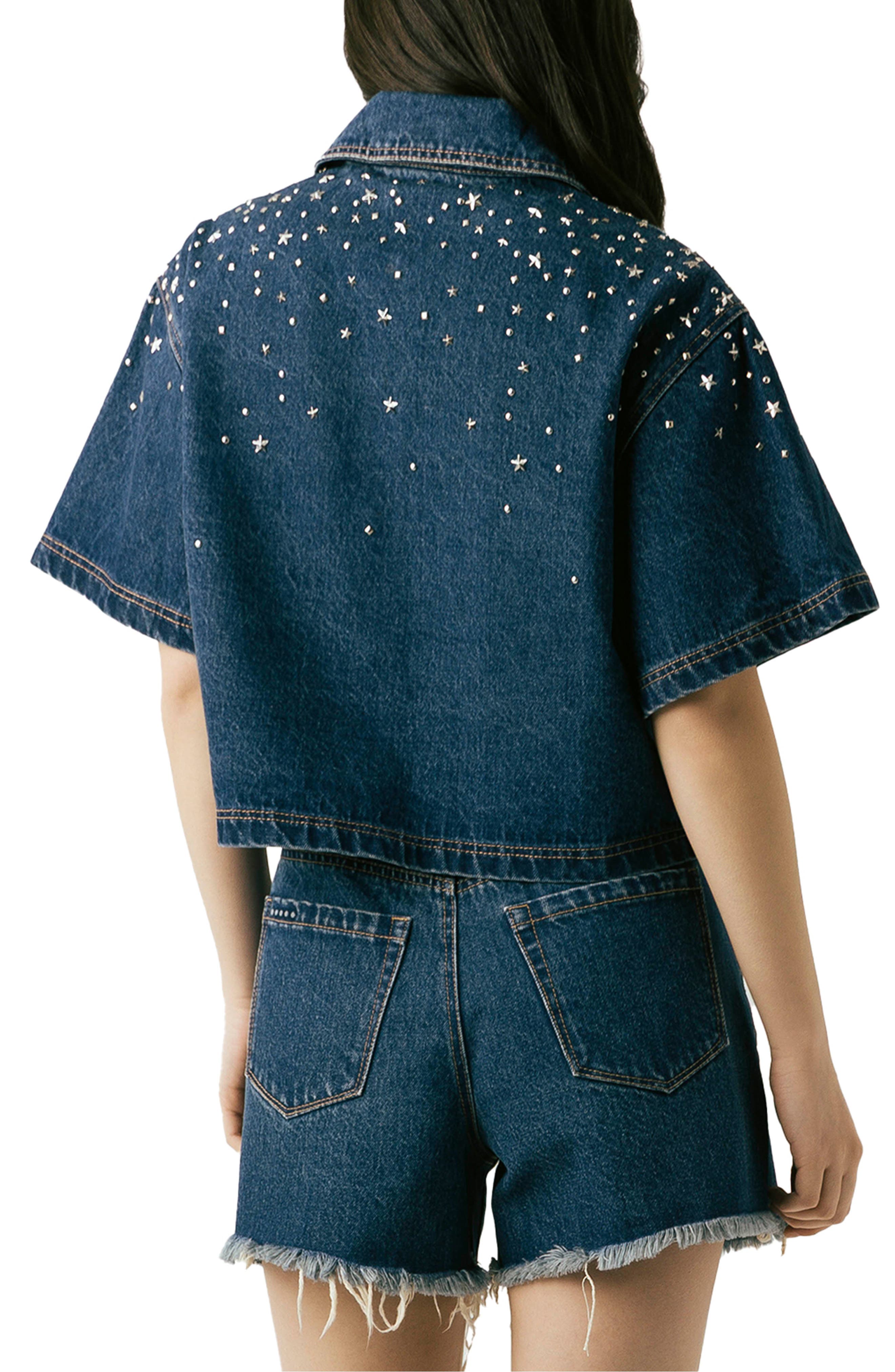 Stud Detail Elbow Sleeve Denim Button-Up Shirt - image 2