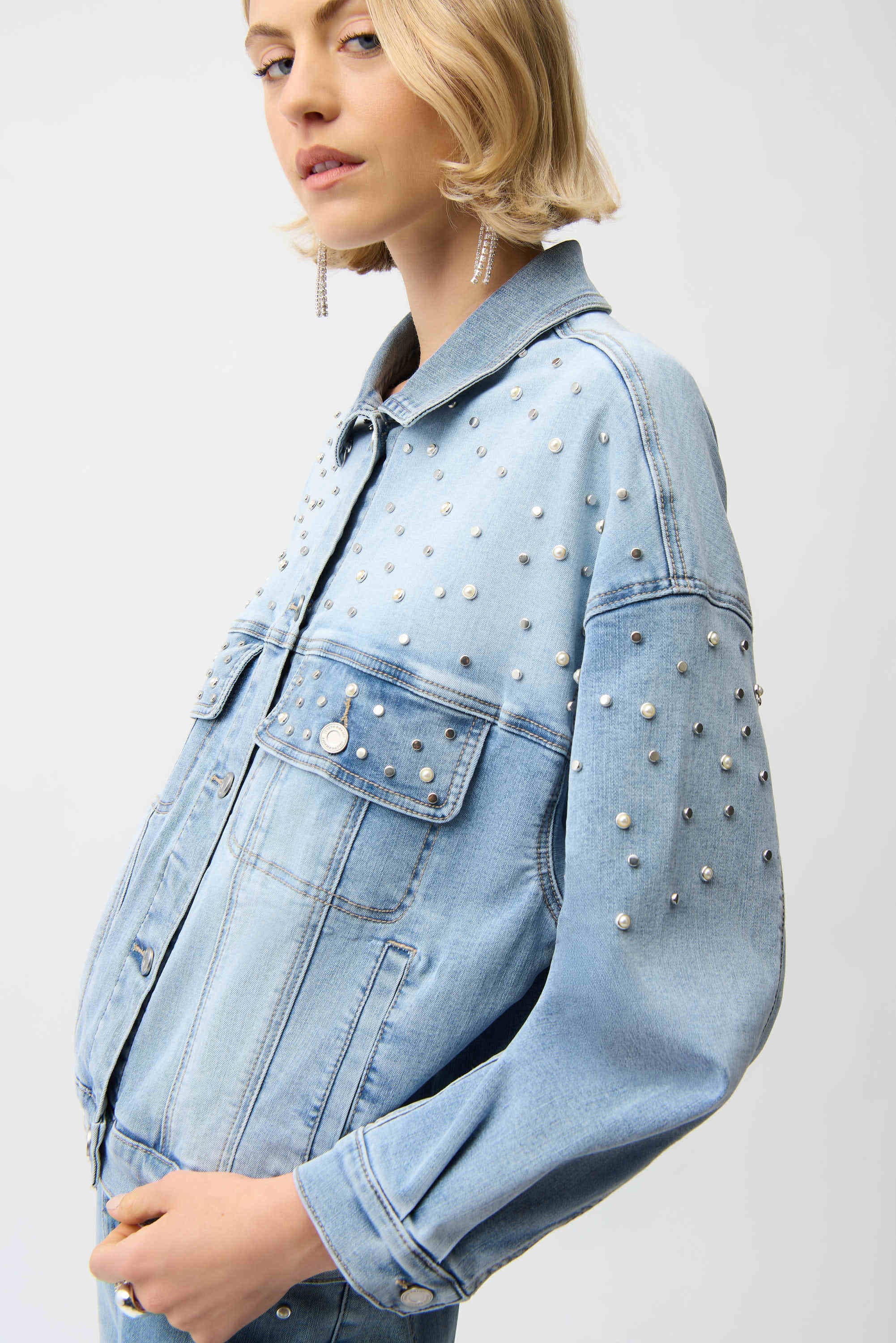 Denim Oversized Jacket With Pearls and Studs - image 2
