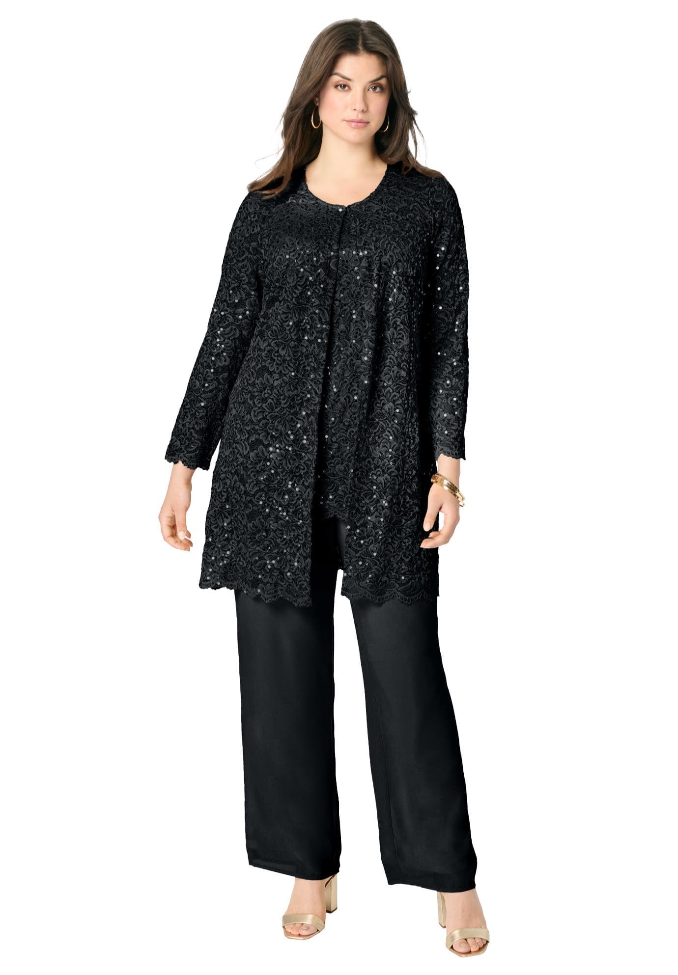 Plus-Size 3 Piece Allover Sequin Lace Jacket And Tank Pant Set - image 1