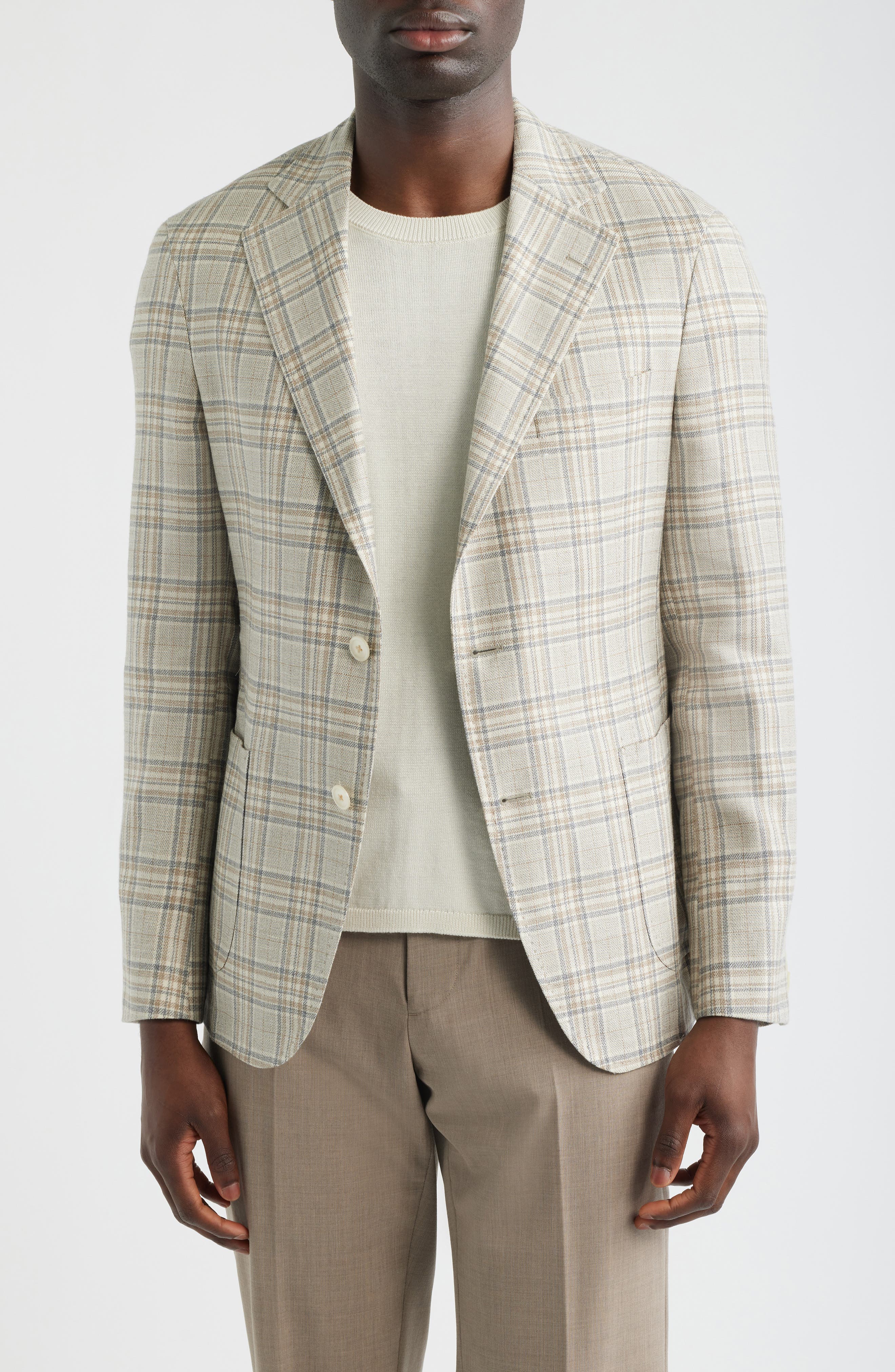 Tan & Grey Plaid Wool & Silk Blend Sport Coat - image 1