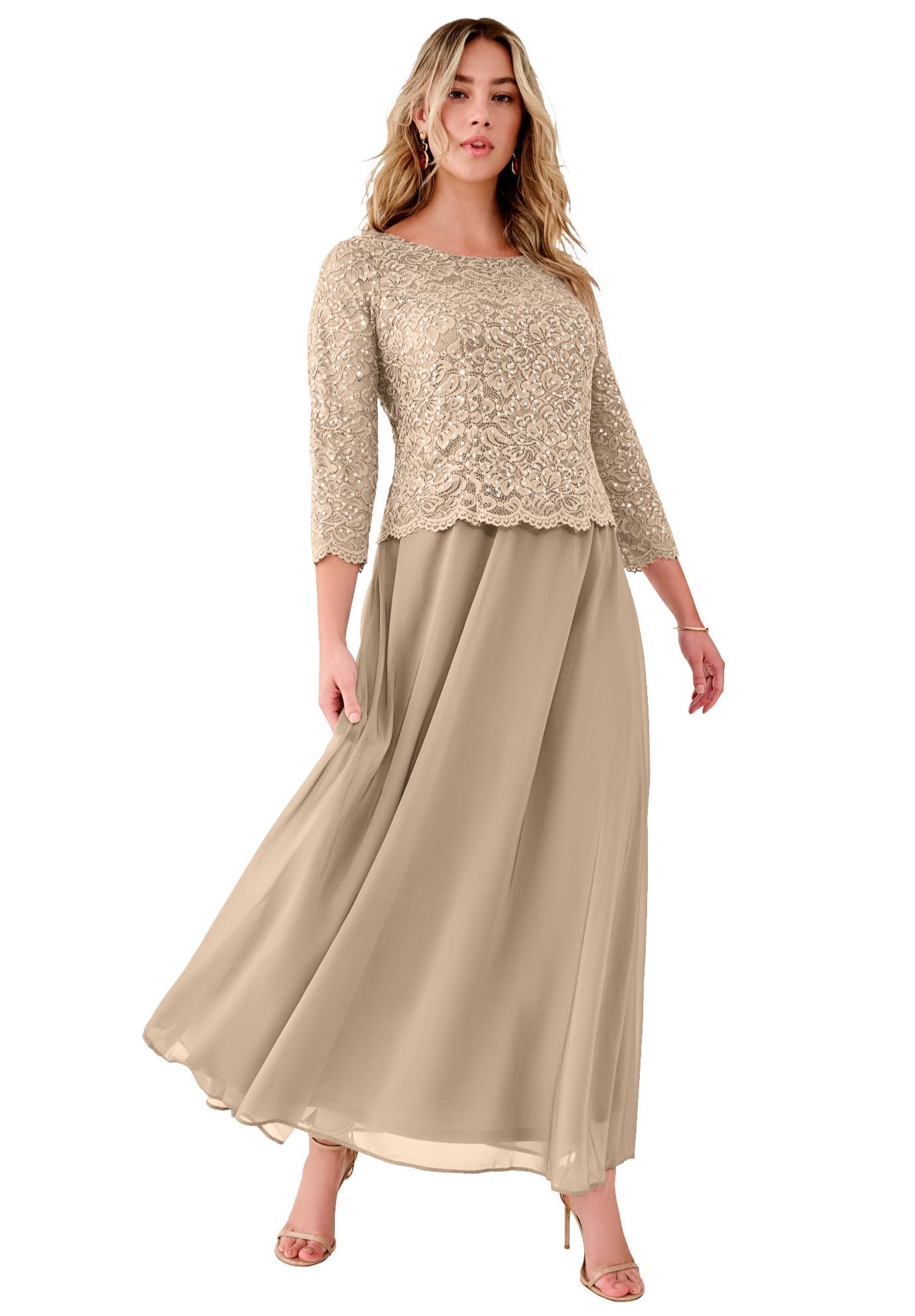Plus Size Sequin Lace Three Quarter Sleeve A-Line Gown - image 5